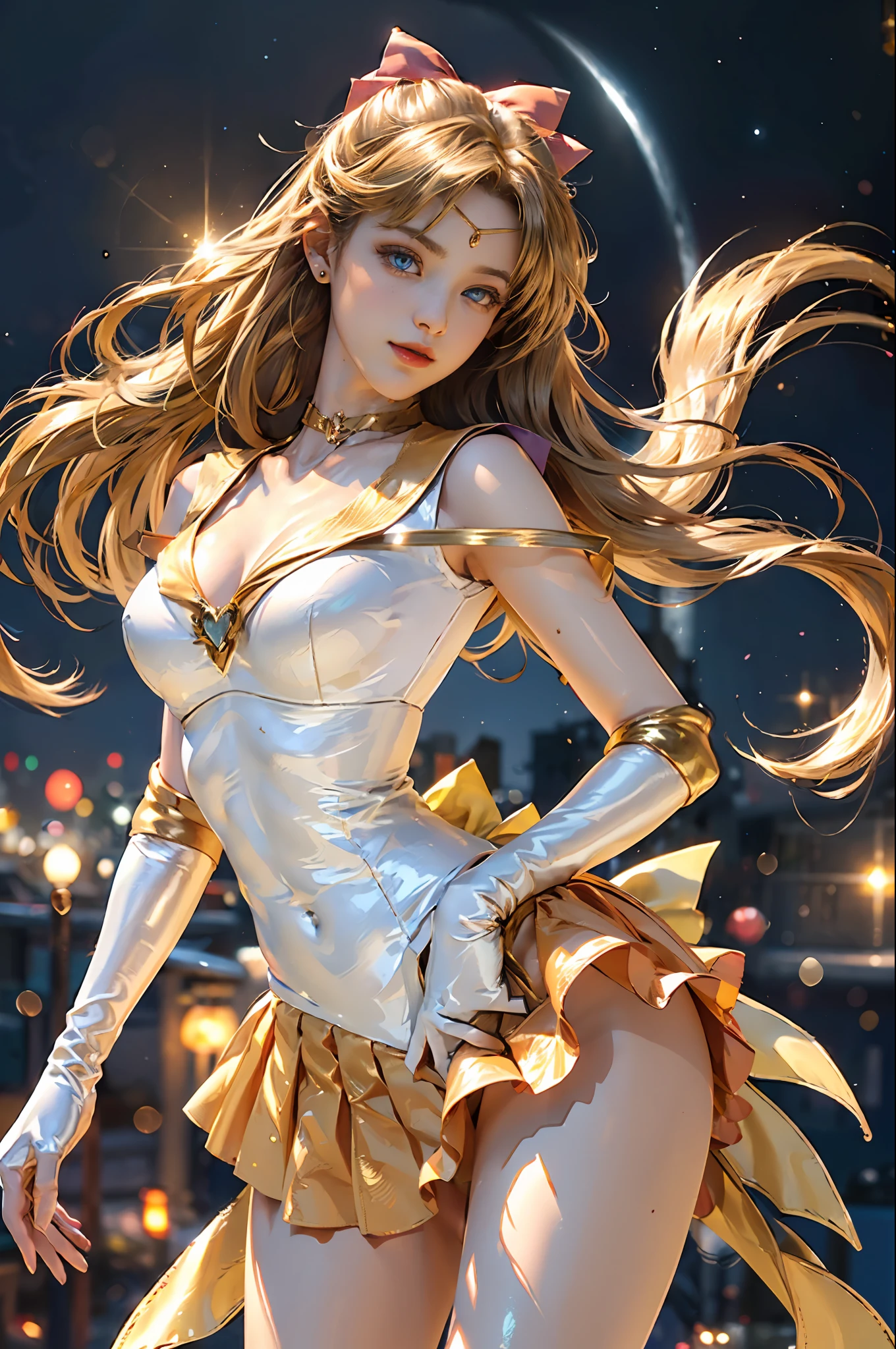 Full: 1.3, stand, masterpiece, 3D, realistic, ultra-micro photo, top quality, ultra-detailed CG Unity 8K wallpaper, from below, intricate details, (1 woman), 20 years old, ((very large dark blue bow in the center of the chest: 1.7, golden tiara on the forehead: 1.7, sexy pleated mini skirt of shiny dark orange color: 1.3, dark orange gloves on the elbows: 1.1, Saturated wide dark orange collar, Saturated dark orange sailor collar, very large red bow on the back of the head: 1.1)), incredibly long straight very bright blonde: 1.2, Shiny beautiful straight long blonde hair: 1.2, Sailor Venus, Minako Aino, (obviously Sailor Senshi uniform, bare upper arms: 1.1, Long knee high boots in shiny dark orange enamel with luxurious gold embellishment: 1.3, long white latex gloves with luxurious gold embellishments: 1.3, very large yellow bow behind the waist: 1.1, orange choker, cleavage looks sexily boldly large, orange heart-shaped earrings)), (SV1, sailor senshi uniform, orange skirt, elbow gloves, tiara, orange sailor collar, red bow, orange choker, white gloves, jewelry)、
((seductive smile, very pretty face, face details: 1.5, bright blue eyes, beautiful face, beautiful eyes, shiny eyes, thin lips: 1.3, thin and sharp pale eyebrows, long dark eyelashes, double eyelashes)), luxurious golden jewelry, (very thin and fitting high-gloss white holographic leather: 1.3), bold and sexy slender high-leg gravette swimsuit, (fighting stance), Huge white wings, thin and muscular muscles, muscular abs, small face, huge breasts, perfect proportions, thin waist, sexy model pose, visible pores, perfect hands: 1.5, octane rendering, very dramatic images, strong natural light, sunlight, exquisite lighting and shadows, dynamic angles, DSLR harp, focus: 1.0, maximum clarity and sharpness(Golden Divinity, Heart Storm Space Background, Dynamic Golden Chain Background, Golden Man: 1.2, Golden Hair, Venus, Moonlight, Moon, Dynamic Background, Detail Background))