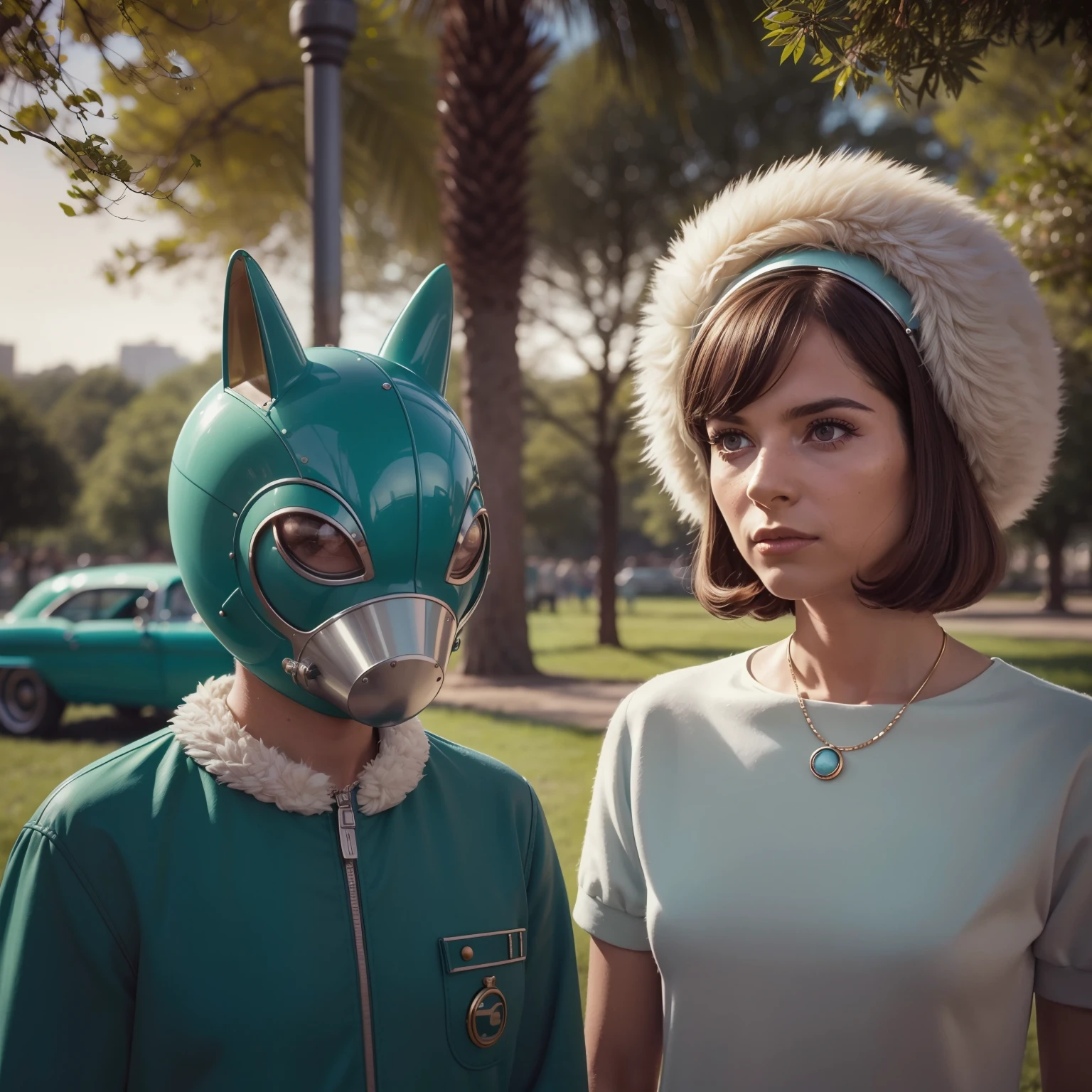 4k image from a 1960s science fiction film by Wes Anderson, pastels colors, Young people with animal mask and a mechanical pet in the park, Retro-futuristic fashion clothes from the 60s with alien ornaments, Luz Natural, Psicodelia, futurista estranho, retro-futurista, photo-realistic, Sharp background details.