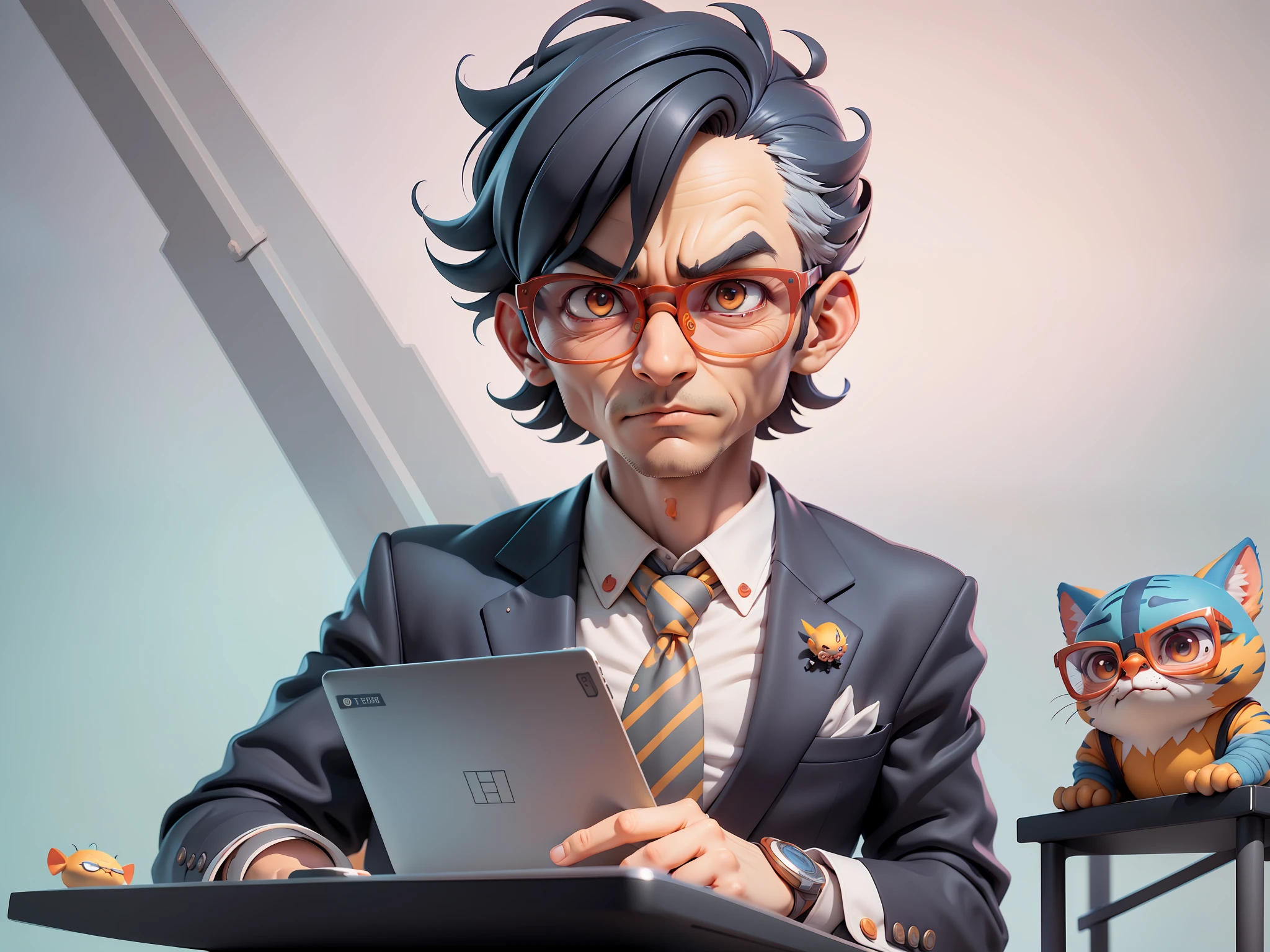 A young man in a suit, Short hair and glasses sat at his desk，holding laptop，digitial painting，tigre，3D character design by Mark Clairen and Pixar and Hayao Miyazaki and Akira Toriyama，4K HD illustration，Very detailed facial features and cartoon-style visuals。