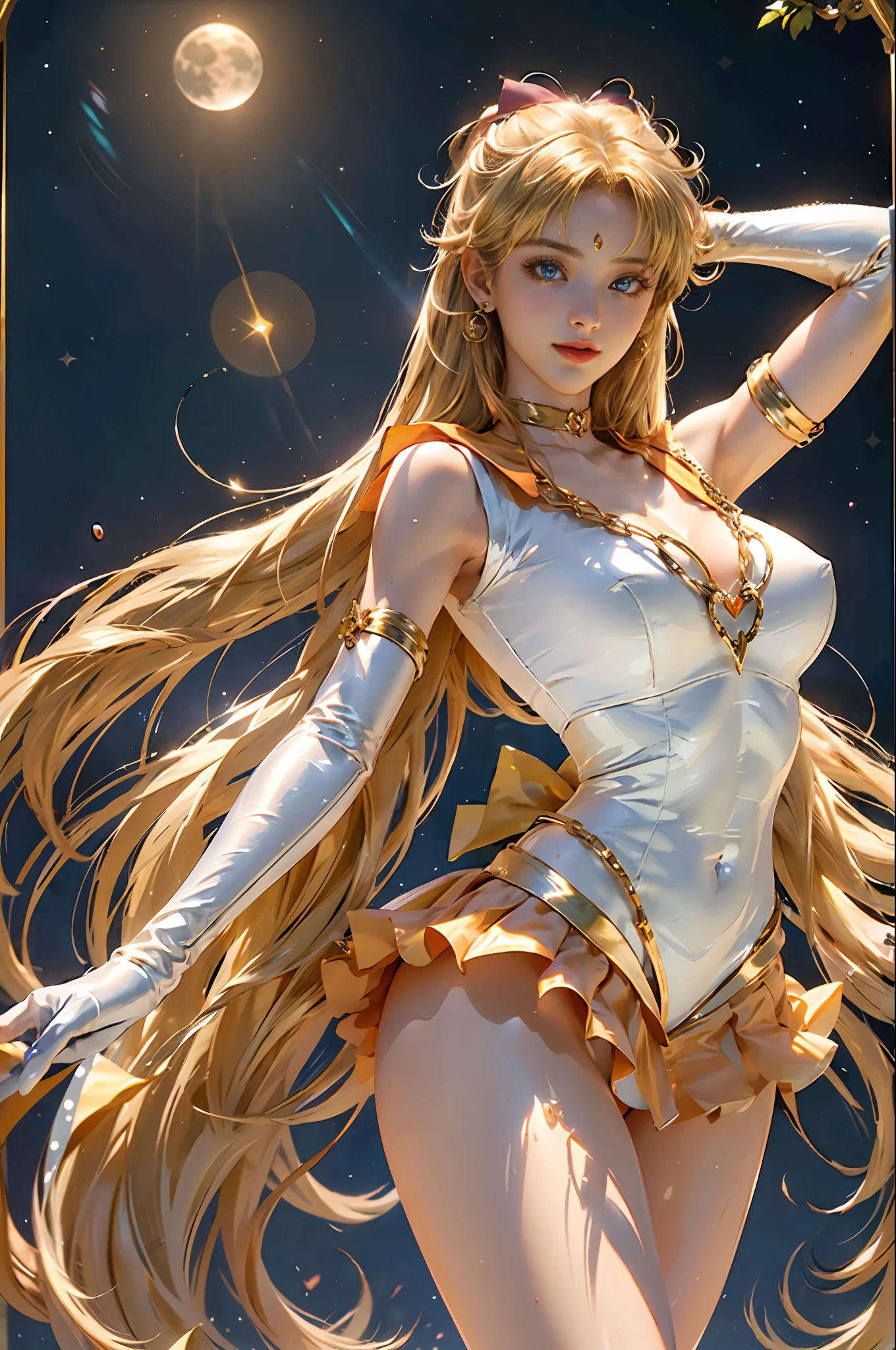 Full: 1.3, stand, masterpiece, 3D, realistic, ultra-micro photo, top quality, ultra-detailed CG Unity 8K wallpaper, from below, intricate details, (1 woman), 20 years old, ((very large dark blue bow in the center of the chest: 1.6, luxurious golden tiara on the forehead: 1.5, shiny vivid dark orange sexy pleated mini skirt: 1.3, dark orange gloves on the elbows:1.1, saturated wide vivid dark orange collar, saturated vivid dark orange sailor color, very large red bow on the back of the head: 1.3)), incredibly long straight very bright blonde: 1.2, shiny beautiful straight long blonde hair: 1.2, Sailor Venus, Minako Aino,(Obviously Sailor Senshi uniform, bare upper arms: 1.1, Long knee high boots in shiny dark orange enamel with luxurious gold embellishment: 1.2, long white latex gloves with luxurious gold embellishments: 1.3, very large yellow bow behind the waist: 1.1, orange choker, cleavage looks sexily boldly big, orange heart-shaped earrings)), SV1, Sailor Senshi uniform, orange skirt, elbow gloves, tiara, orange sailor collar, red bow, orange choker, white gloves, jewelry、
((seductive smile, very pretty face, face details: 1.5, bright blue eyes, beautiful face, beautiful eyes, shiny eyes, thin lips: 1.3, thin and sharp pale eyebrows, long dark eyelashes, double eyelashes)), luxurious golden jewelry, (very thin and fitting high-gloss white holographic leather: 1.3), bold and sexy slender high-leg gravette swimsuit, (fighting stance), Huge white wings, thin and muscular muscles, muscular abs, small face, huge breasts, perfect proportions, thin waist, sexy model pose, visible pores, perfect hands: 1.5, octane rendering, very dramatic images, strong natural light, sunlight, exquisite lighting and shadows, dynamic angles, DSLR harp, focus: 1.0, maximum clarity and sharpness(Golden Divinity, Heart Storm Space Background, Dynamic Golden Chain Background, Golden Man: 1.2, Golden Hair, Venus, Moonlight, Moon, Dynamic Background, Detail Background))