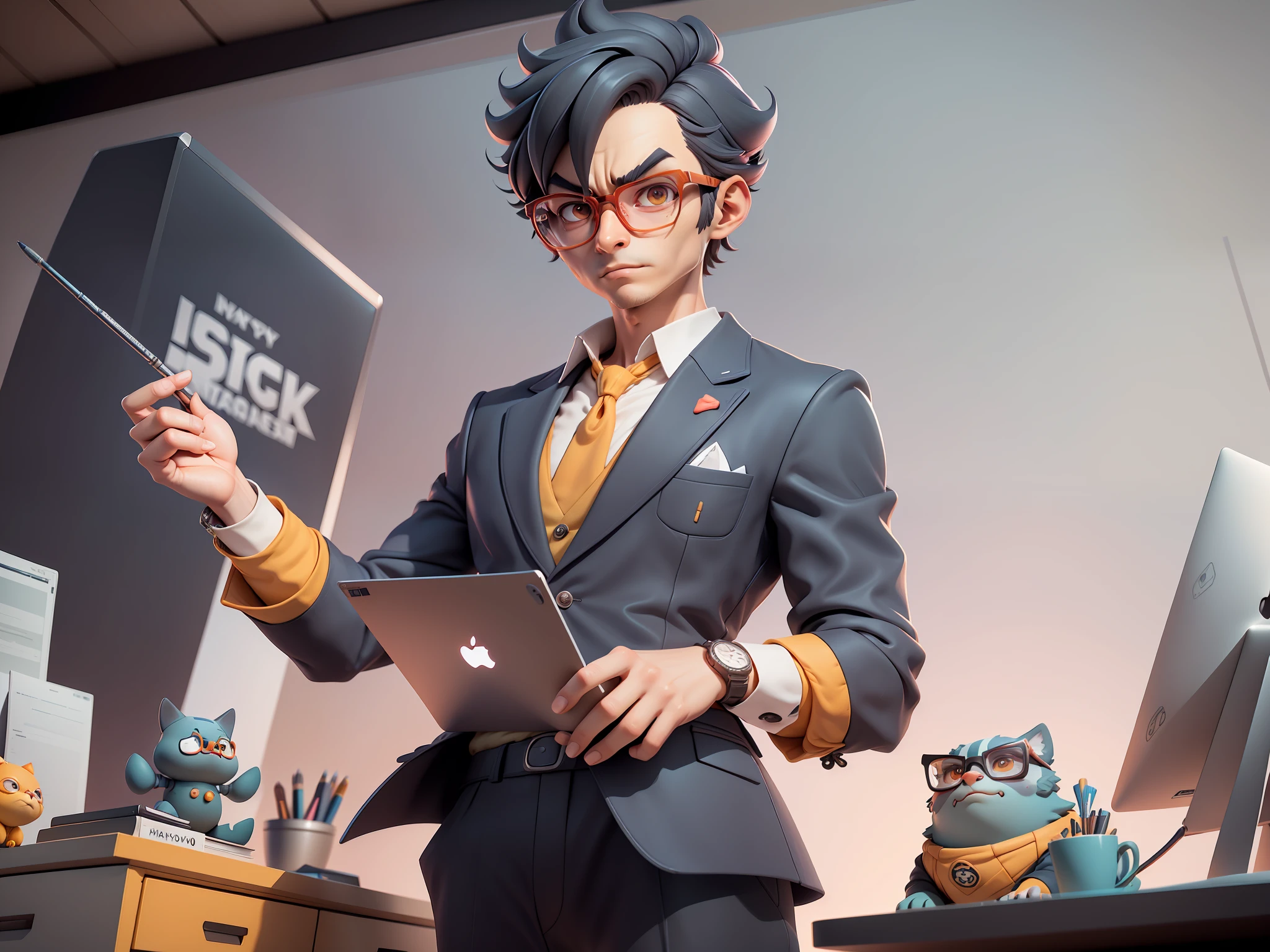 A young man in a suit, Short hair and glasses sat at his desk,holding laptop,digitial painting,tigre,3D character design by Mark Clairen and Pixar and Hayao Miyazaki and Akira Toriyama,4K HD illustration,Very detailed facial features and cartoon-style visuals。