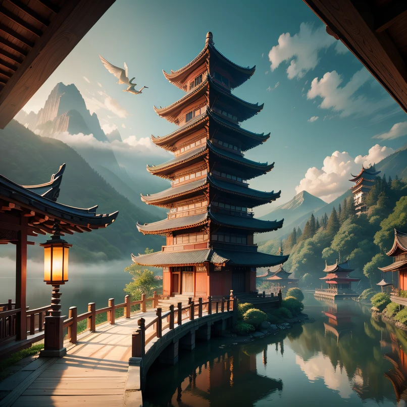 architecture, east asian architecture, scenery, lantern, pagoda, outdoors, sky, paper lantern, cloud, bird, building, tree, standing, mountain, bridge, holding, multiple girls, 6+boys, day, masterpiece, best quality,