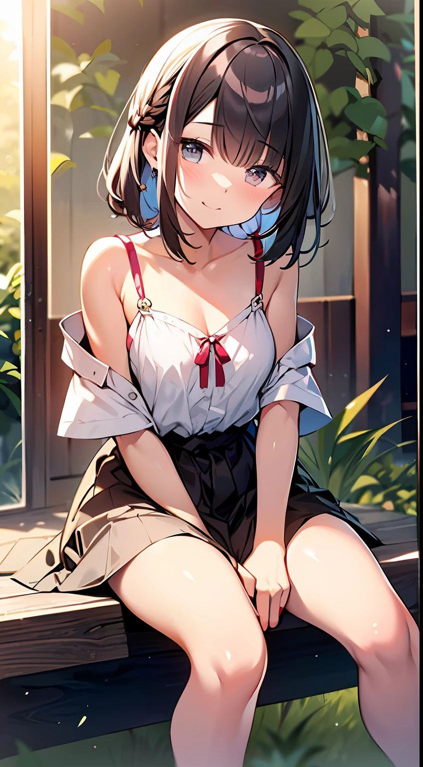 (top-quality、32K image quality、masterpiece、nffsw:1.2)、a cute 、Medium short hair、short braiding、beauitful face、Ultra-detailed details、(Slouched:1.3)、at the sunset、crouching down、(From above:1.3)、(a closeup:1.4)、small curvy loliou can see the chest))、Bust Up Perspective、Loose baggy big shirt、(beautiful nipple slips:0.9)、outside of house、the wind、shinny skin、blurry backround