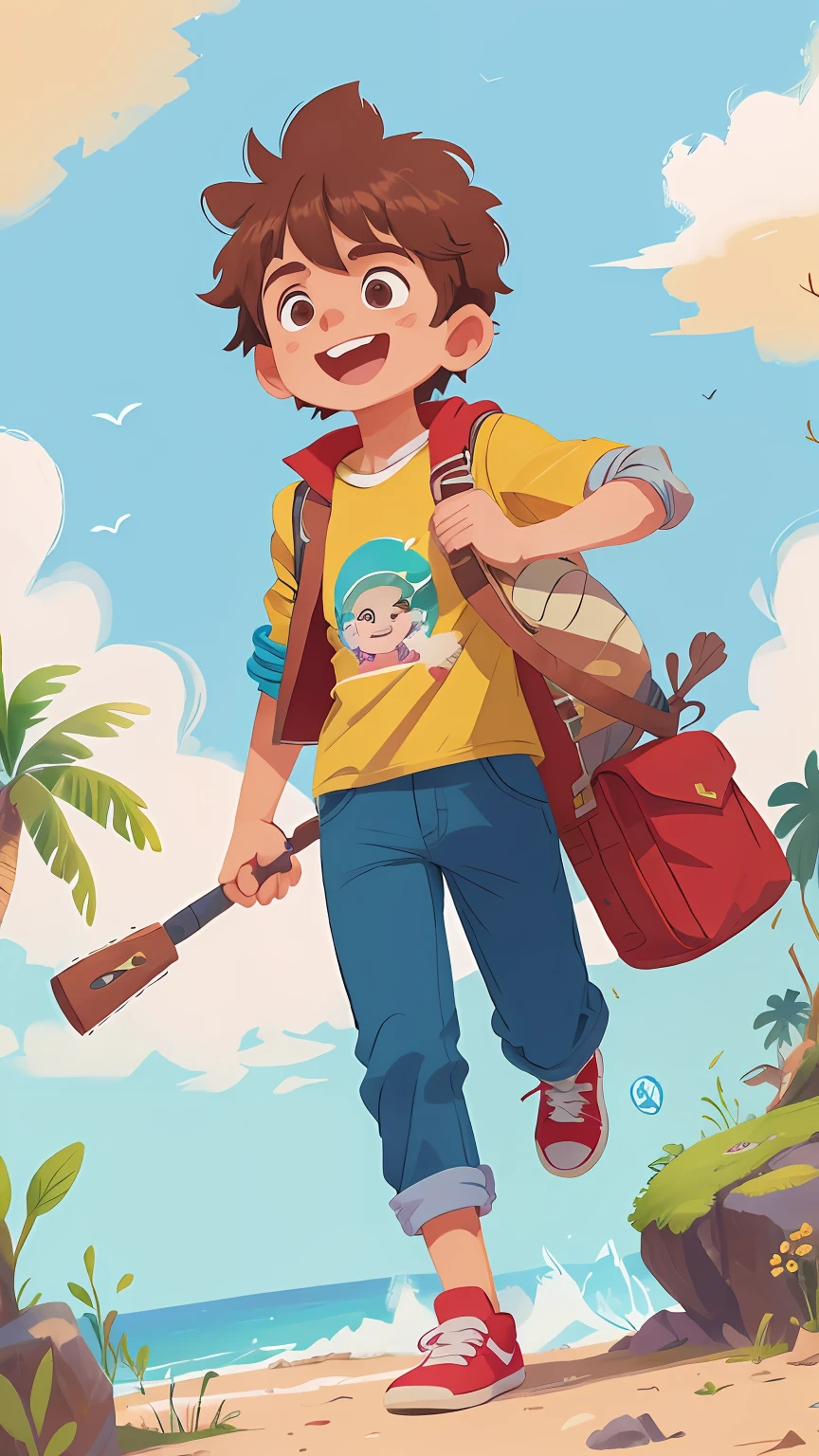 um garoto animado de nove anos, sempre cheio de energia. Her hair is light brown and messy, com uma mecha rebelde caindo sobre a testa. Seus olhos brilham com a cor do oceano, um azul intenso que reflete sua natureza entusiasmada.

Ele tem sardas espalhadas pelas bochechas e nariz, dando-lhe um ar de travessura. His smile is radiant, displaying dimples that appear when he's excited about his creative ideas.

Nino likes to dress in a colorful and relaxed way. Ele usa uma camiseta com estampas de planetas e estrelas, combined with a sports jacket that allows agile movements in your adventures. Your pants have several pockets to carry your tools and trinkets. He wears a versatile and comfortable pair of sneakers, ideal for your tireless explorations.