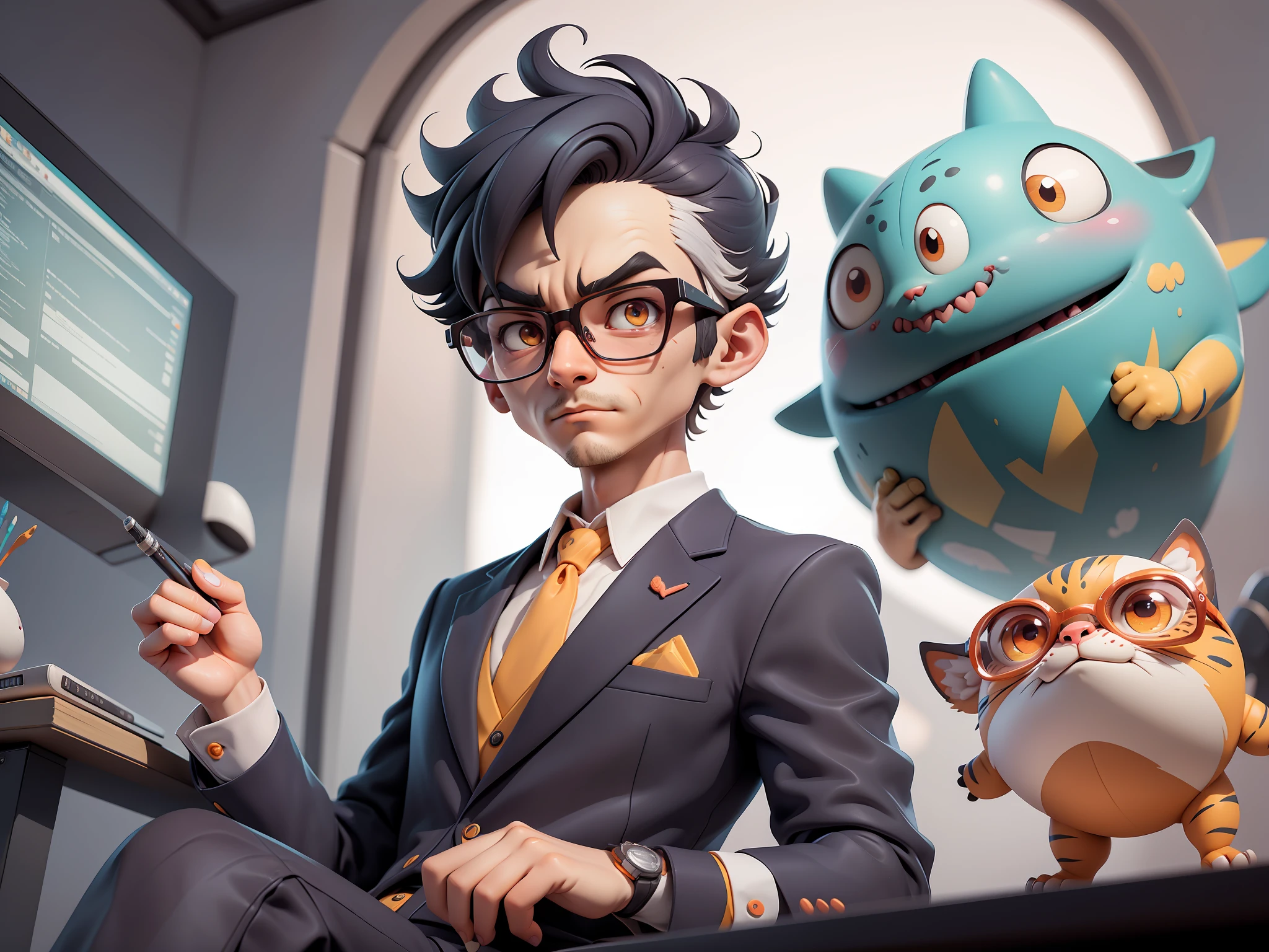 A young man in a suit, Short hair and glasses sat at his desk，holding laptop，digitial painting，tigre，3D character design by Mark Clairen and Pixar and Hayao Miyazaki and Akira Toriyama，4K HD illustration，Very detailed facial features and cartoon-style visuals。