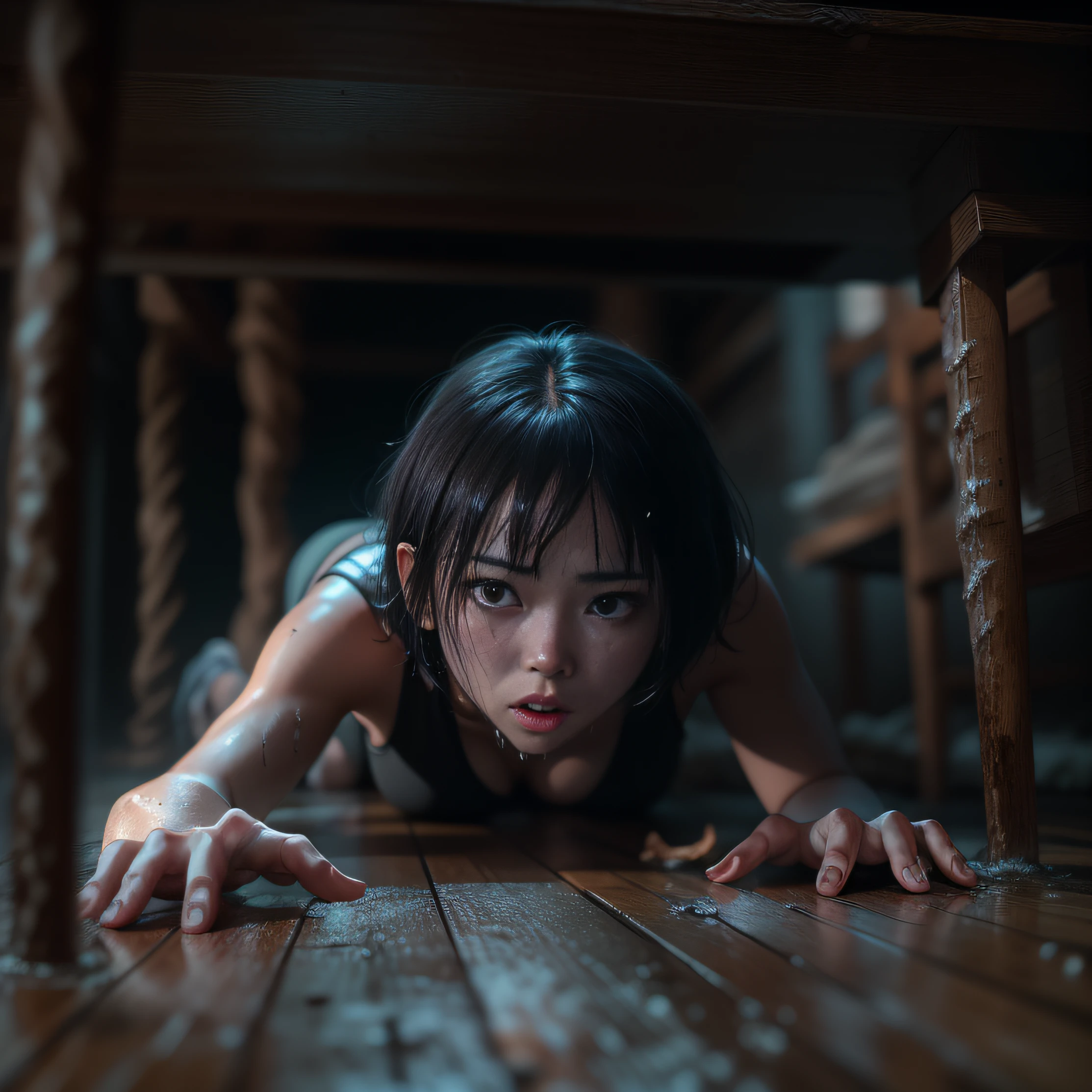 cinematic horror long-shot low angle of a young beautiful Japanese woman that is laying on the floor, under a table, on a rough wooden dungeon table, hiding, terrified, scary pose, frightened look, looking sides, soaked wet, dark wet Japanese room, wearing thin strapped sleeveless shirt, very short hair, hyper realistic female soft skin, wet skin, hyper realistic female body, Hyper realistic manga style, high quality, fitted legs, very detailed female anatomy, hyper realistic hands anatomy, veins, 4k resolution, crawling, horror photo, still from Japanese horror movie, film still from a horror movie.