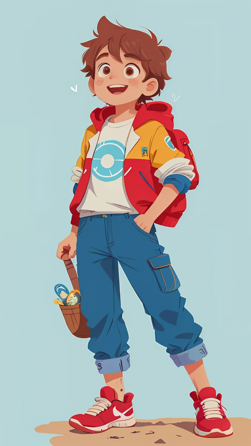 um garoto animado de nove anos, sempre cheio de energia. Her hair is light brown and messy, com uma mecha rebelde caindo sobre a testa. Seus olhos brilham com a cor do oceano, um azul intenso que reflete sua natureza entusiasmada.
Ele tem sardas espalhadas pelas bochechas e nariz, dando-lhe um ar de travessura. His smile is radiant, displaying dimples that appear when he's excited about his creative ideas.
Nino likes to dress in a colorful and relaxed way. Ele usa uma camiseta com estampas de planetas e estrelas, combined with a sports jacket that allows agile movements in your adventures. Your pants have several pockets to carry your tools and trinkets. He wears a versatile and comfortable pair of sneakers, ideal for your tireless explorations.