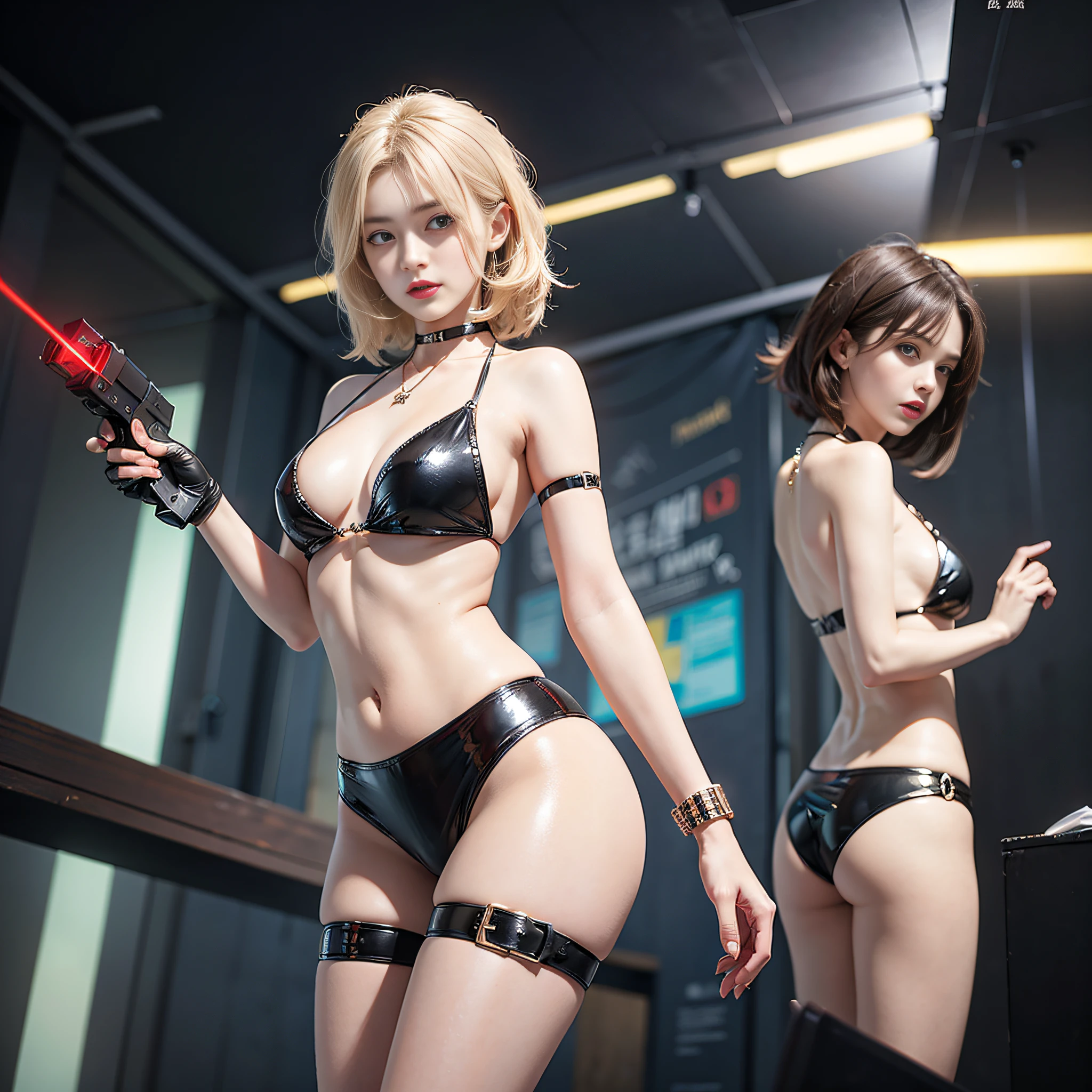 ((masterpiece)、(top-quality)、(reallistic))、Dirty pair、latex shiny:1.4、age19、2girls、Super Ultra Ultra Bikini、Bikini made of thin material with a clearly visible pubic area:1.4、Alphonse Mucha:1.4、Bright character、Super Beautiful Duo、Space Investigator、Brain weather、Crisp focus:1.5、Laser gun on the waist、A detailed eye、Raw photo、red-lips、Red high heels、a choker、a necklace、耳Nipple Ring、