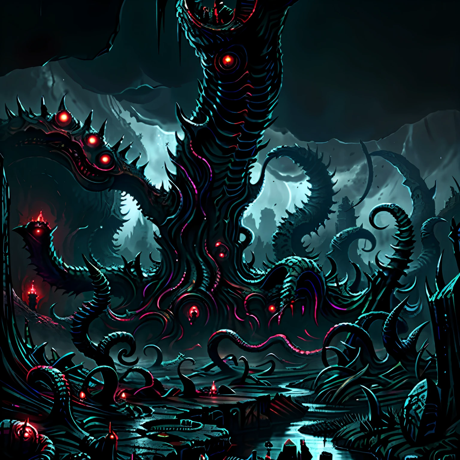 A madness evil landscape. Tentacles rise from the abyss, Polluted rivers, A graveyard of horror, unreal engine, UHD sketch color painting.