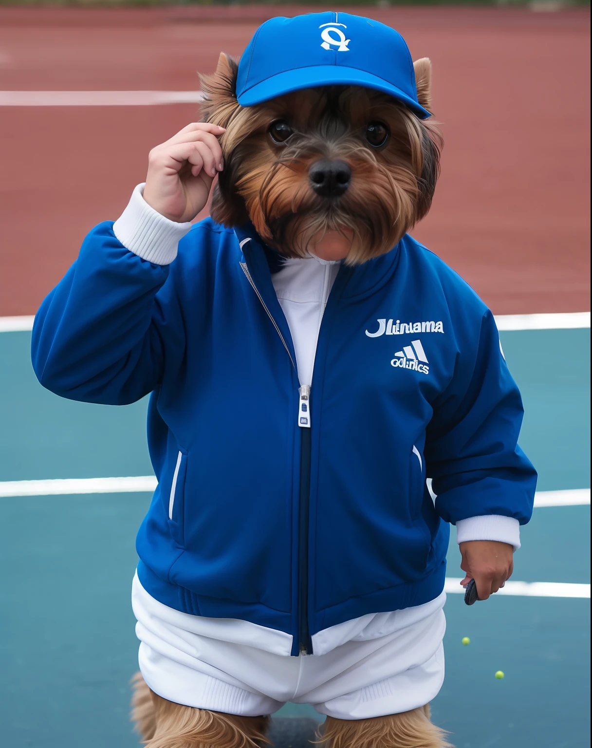 ultra realismo, fotorrealismo, cinematic, obra prima, retrato, yorkshire terrier vestindo uma camisa de beisebol azul com um colarinho branco, wearing a tracksuit, vestindo jaqueta azul, wearing a track suit, vestindo uma jaqueta azul, usando um capuz azul, mascote da equipe esportiva, Jaqueta azul, quatro patas, vestindo terno de atletismo, in tennis coat, foto de retrato, Outside language, olhar penetrante