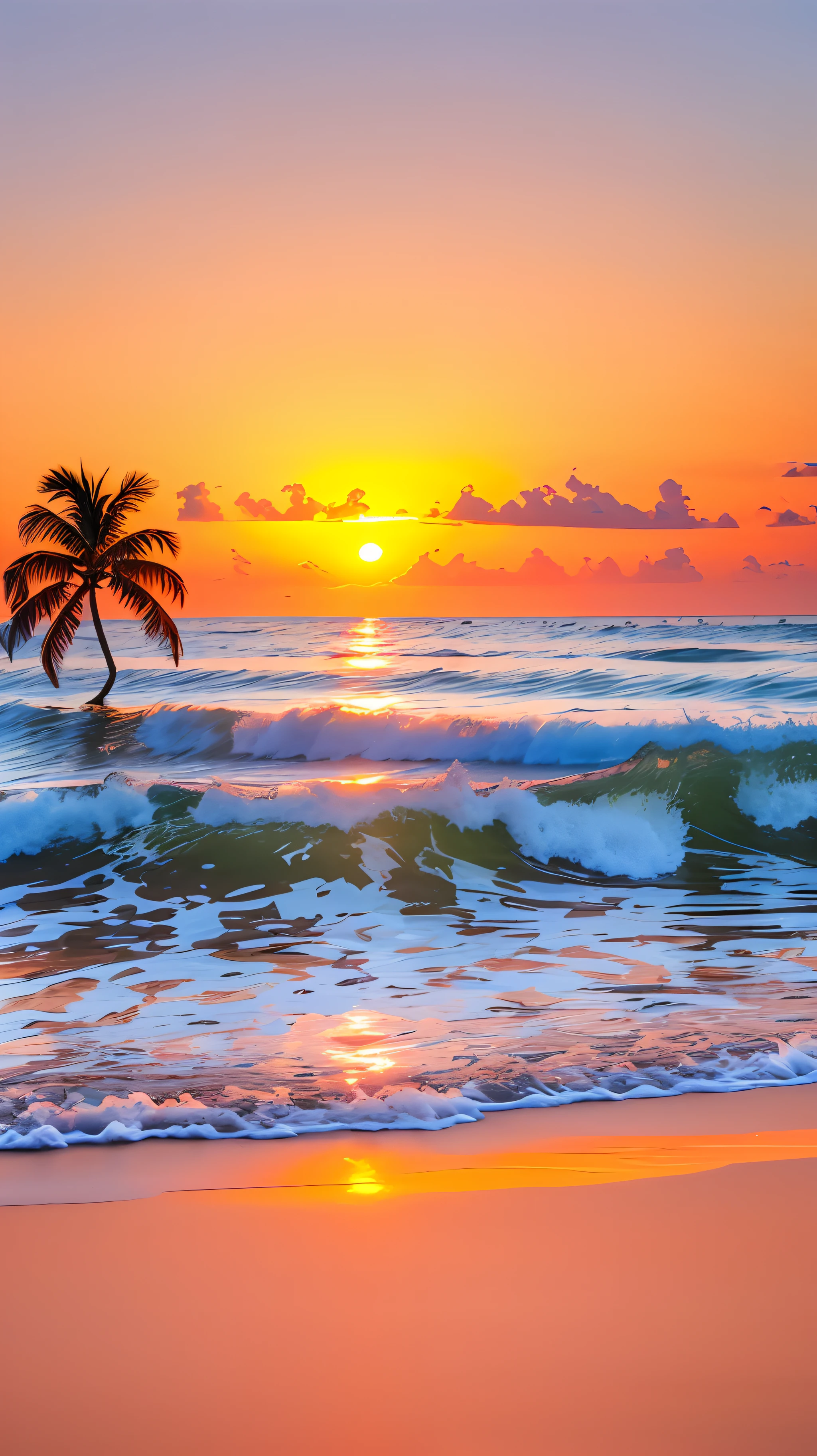 Create a 4K 9:16 image that depicts a stunning sunrise on a tropical beach, with gentle waves and palm trees along the coast. The color palette should be vibrant and convey a sense of renewal and positive energy. --auto --s2