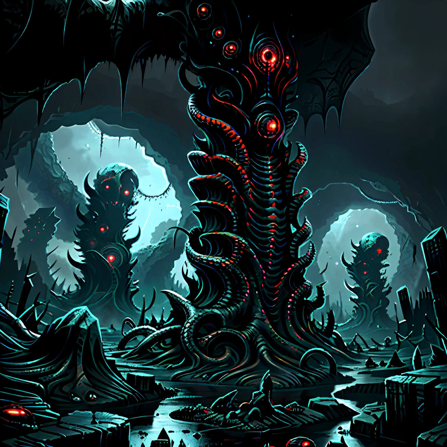 A madness evil landscape. Tentacles rise from the abyss, Polluted rivers, A graveyard of horror, unreal engine, UHD sketch color painting.