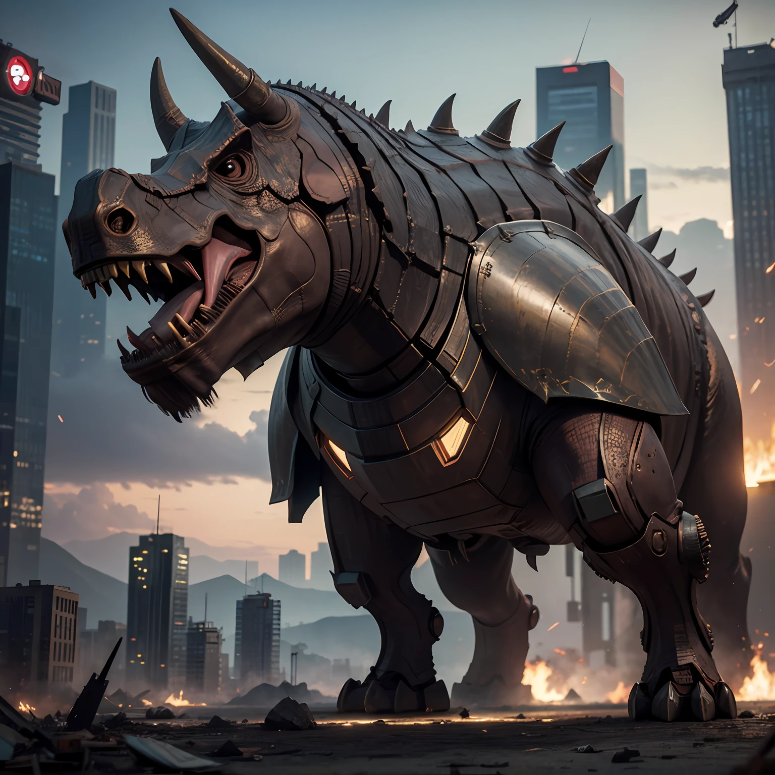 triceratops, triceratops with iron man armor, detailed, realistic, in a devastated new iroquo city, photorealistic