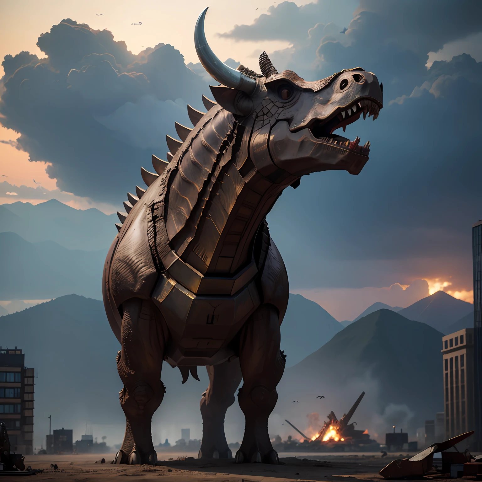 triceratops, triceratops with iron man armor, detailed, realistic, in a devastated new iroquo city, photorealistic
