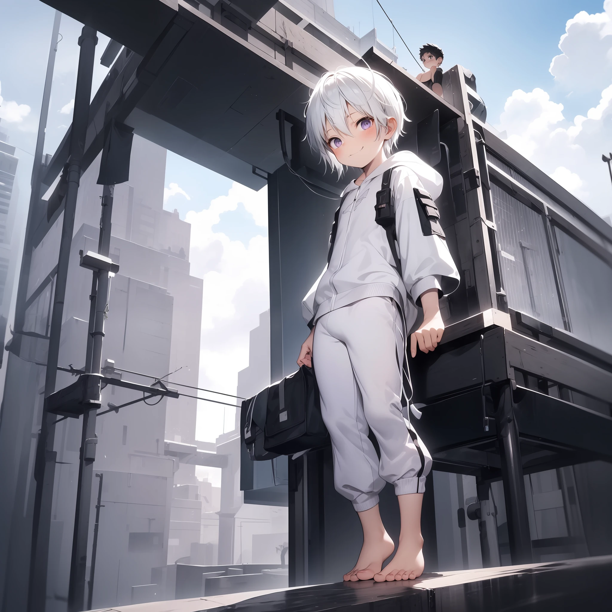 4K), little boy with white hair and purple eyes and barefoot and white Onesie pajama small tiny feet, He sits on a rooftop, soft skin, showing feet, sexy feet pose, Nebel Licht, Impressionismus, 2D, Focused on feet, libido, smirking, White tan, blushing, cute feet