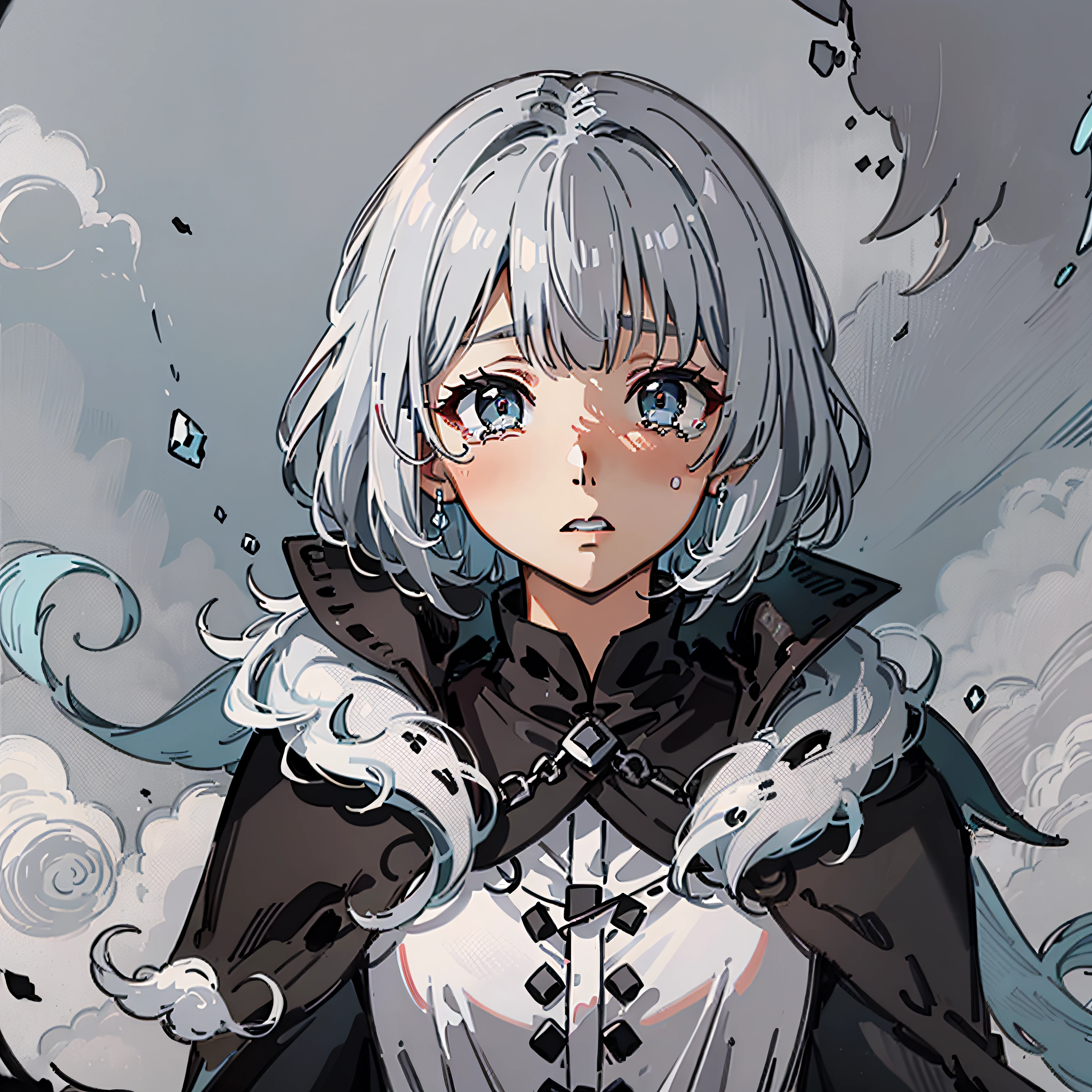 a korean woman with a short black haircut with white flecks on her bangs. Wears a black cloak with a white shirt underneath, and has stormy grey eyes. crying. tears dripping down cheeks