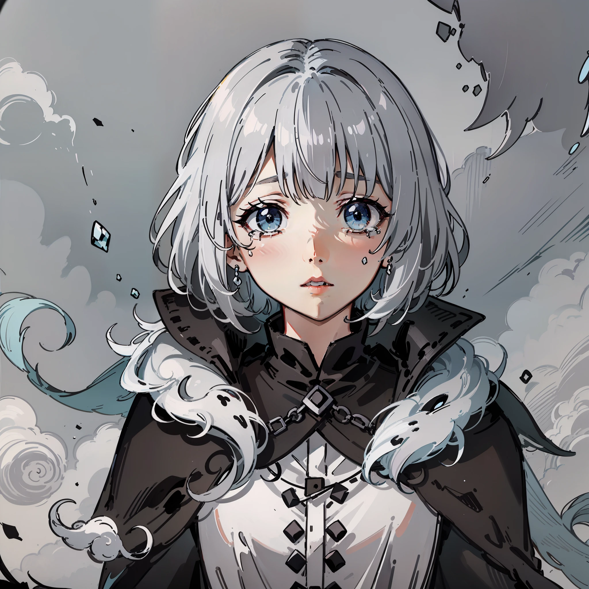 a korean woman with a short black haircut with white flecks on her bangs. Wears a black cloak with a white shirt underneath, and has stormy grey eyes. crying. tears dripping down cheeks