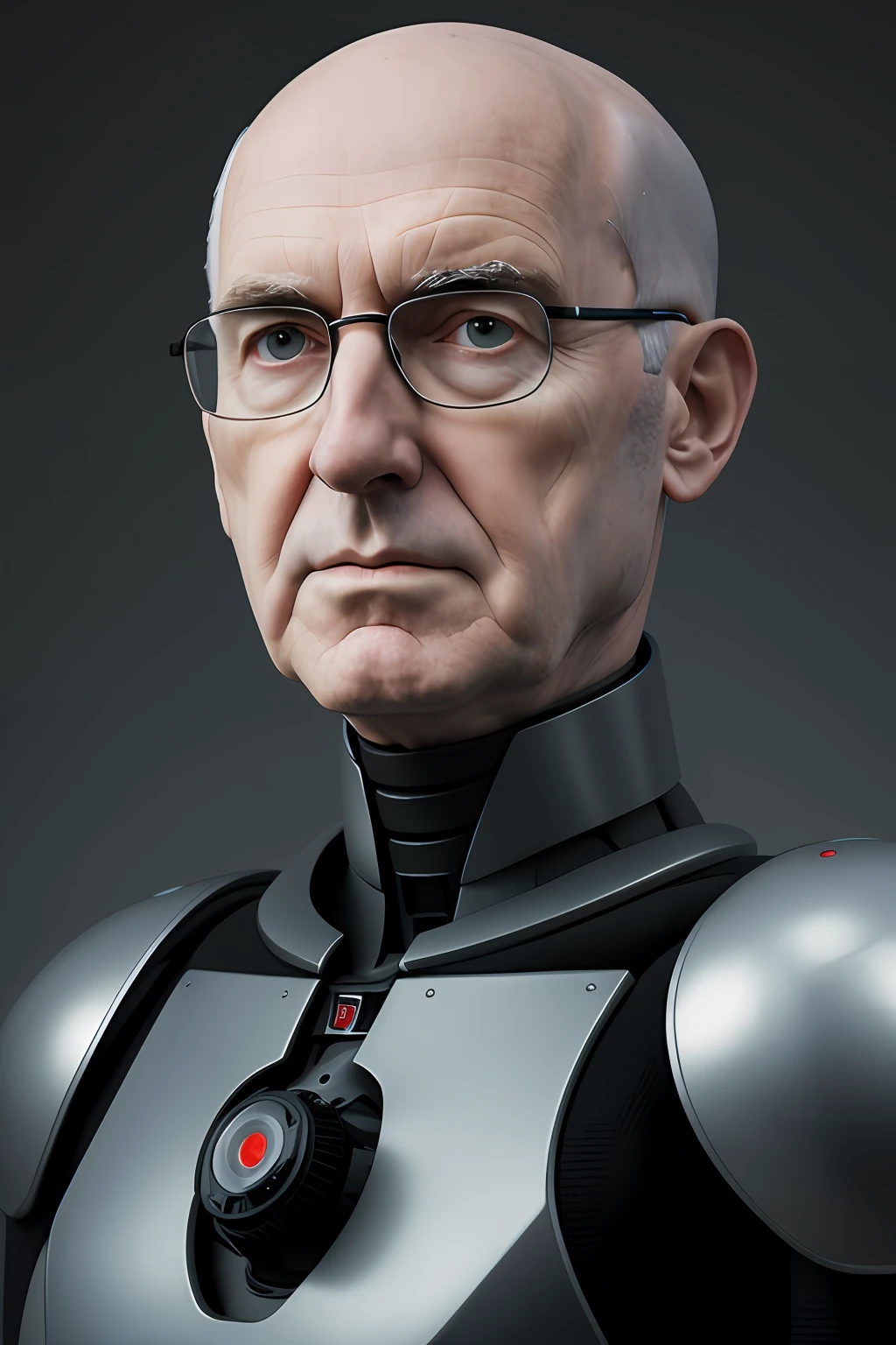 RAW Photo, DSLR BREAK (kkw-ph1:0.9) BREAK half body portrait of a philip kotler , combined with a robot in a background ... futuristic