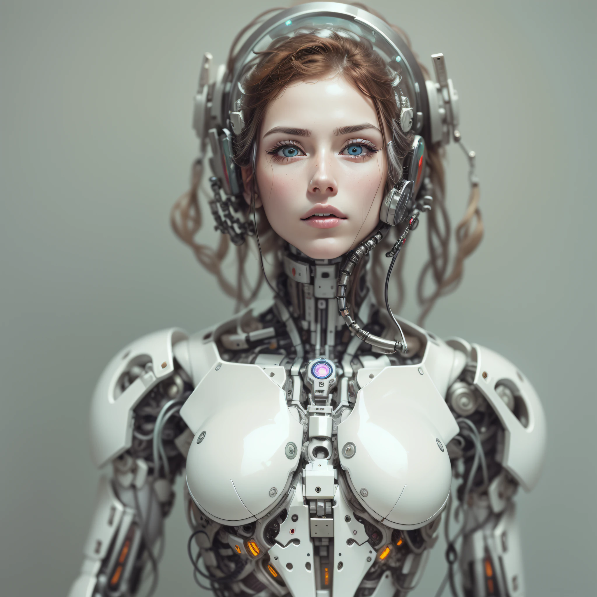 _un_hermoso rostro de_porcelana_mujer, cuerpo_completo de_androide, cyborg , partes roboticas.