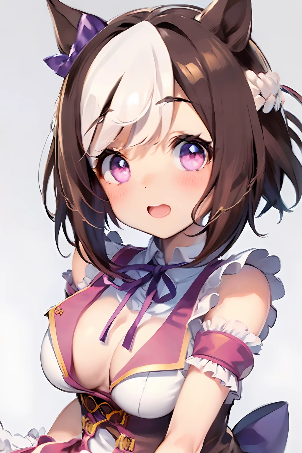 special_week_\(Umamusume)、bow ribbon、bow ribbon、bow ribbon、corsets、Fluffy breasts、nursing、toppless、teats、The upper part of the body、(Refers to the viewer:1.3)、Happiness、(White background:1.5)、(front-facing view:1.3)