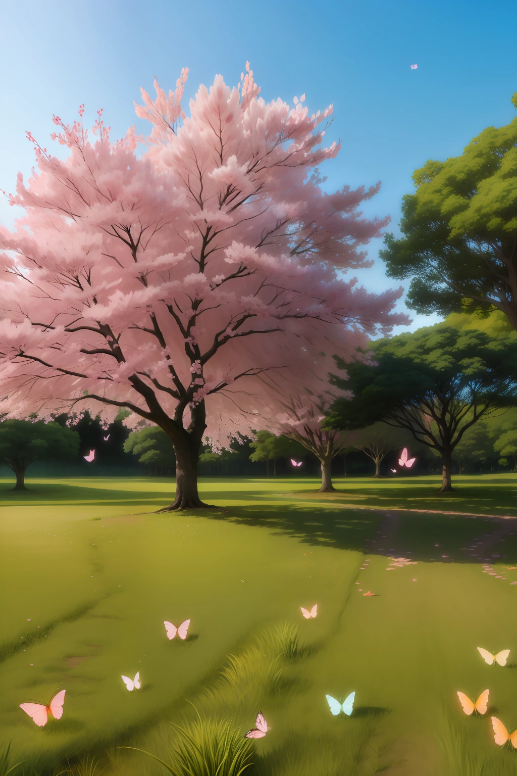 a tree with pink flowers and butterflies in a grassy field, floresta de flores de cerejeira, sakura trees, natureza anime, fundos bonitos, cherry-blossom-tree, Detailed trees in bloom, Cerejeira em flor, Lush Sakura Trees, cerejeiras em flor, Ambiente bonito, anime bela cena de paz, papel de parede da natureza, Anime natureza Wallpap, sakura tree in background, tree in the center of the image