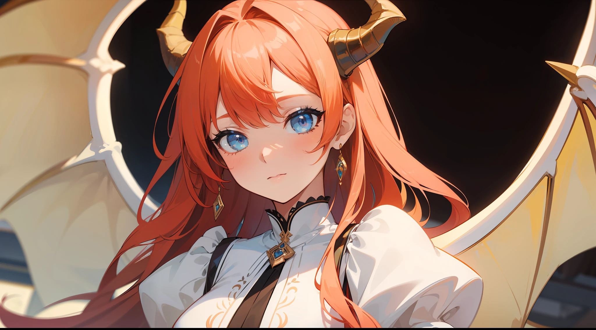 ((Masterpiece, highest quality)), detailed face, full of details, highly detailed, depth, 1girl, elegant dress, red hair with blonde tips, blue eyes, dragon girl, horns, wings