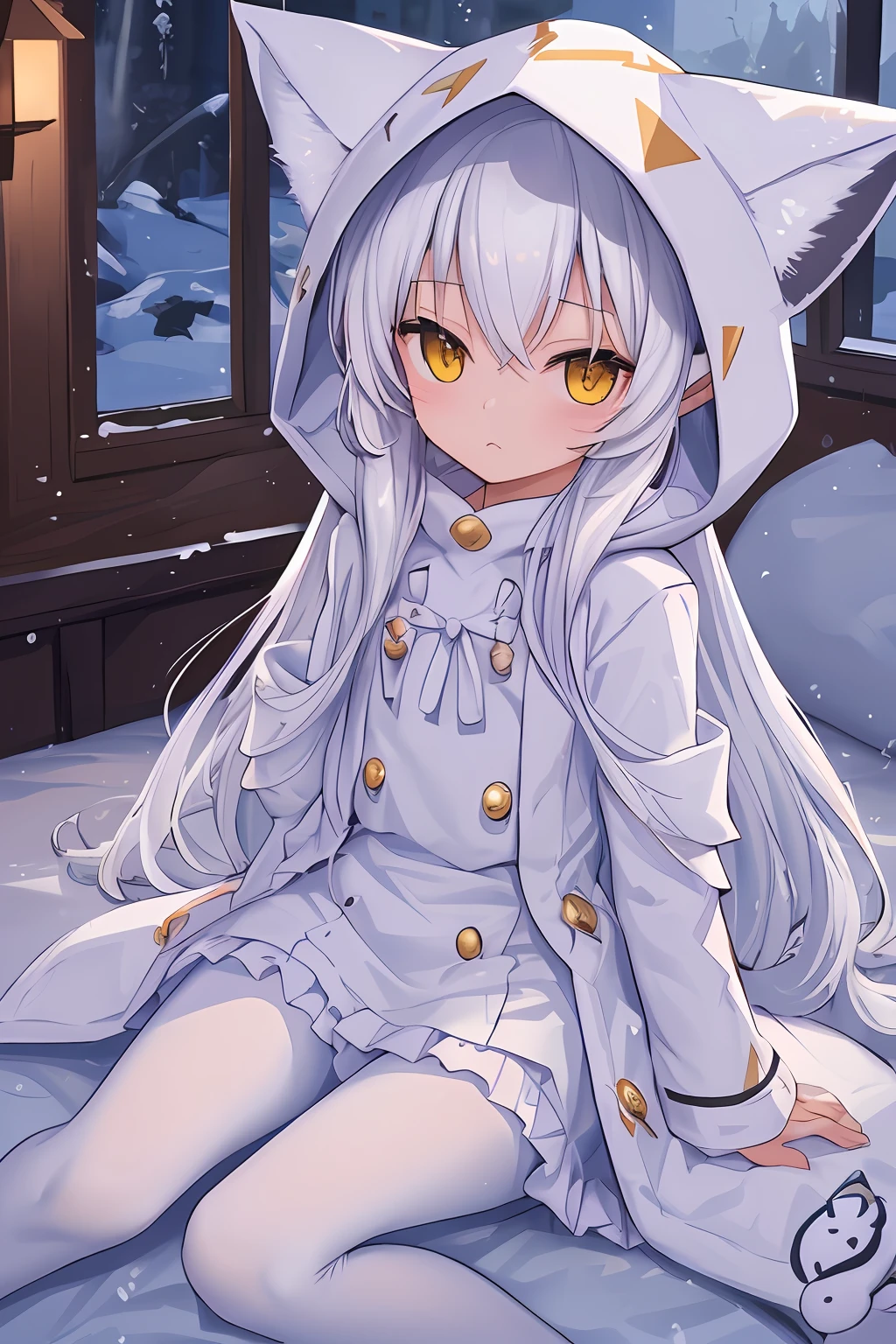 Masterpiece, Depth of field, Beautiful light and shadow, Pointy ears,futon, Tight, sitting on bed,one hand on tight ,((snow elf)),(Loli:1.4),kawaii, toddlers,3yo, Flat chest, ((Night)), White hair,(( yellow eyes)), white  fur coat, white pajama, ((White pantyhose)),((full-white clothes)), Expressionless, Sleepy, Yawning,view the viewer, Very long hair, full bodyesbian, cowboy lens, dynamic angle from above, Front view , ((white fox ears hood coat)), animal ears Hood,A young girl in pajamas, with a shy expression on her face, in a bedroom setting, The composition should exude a blend of sensuality and innocence, The background should be visually captivating,