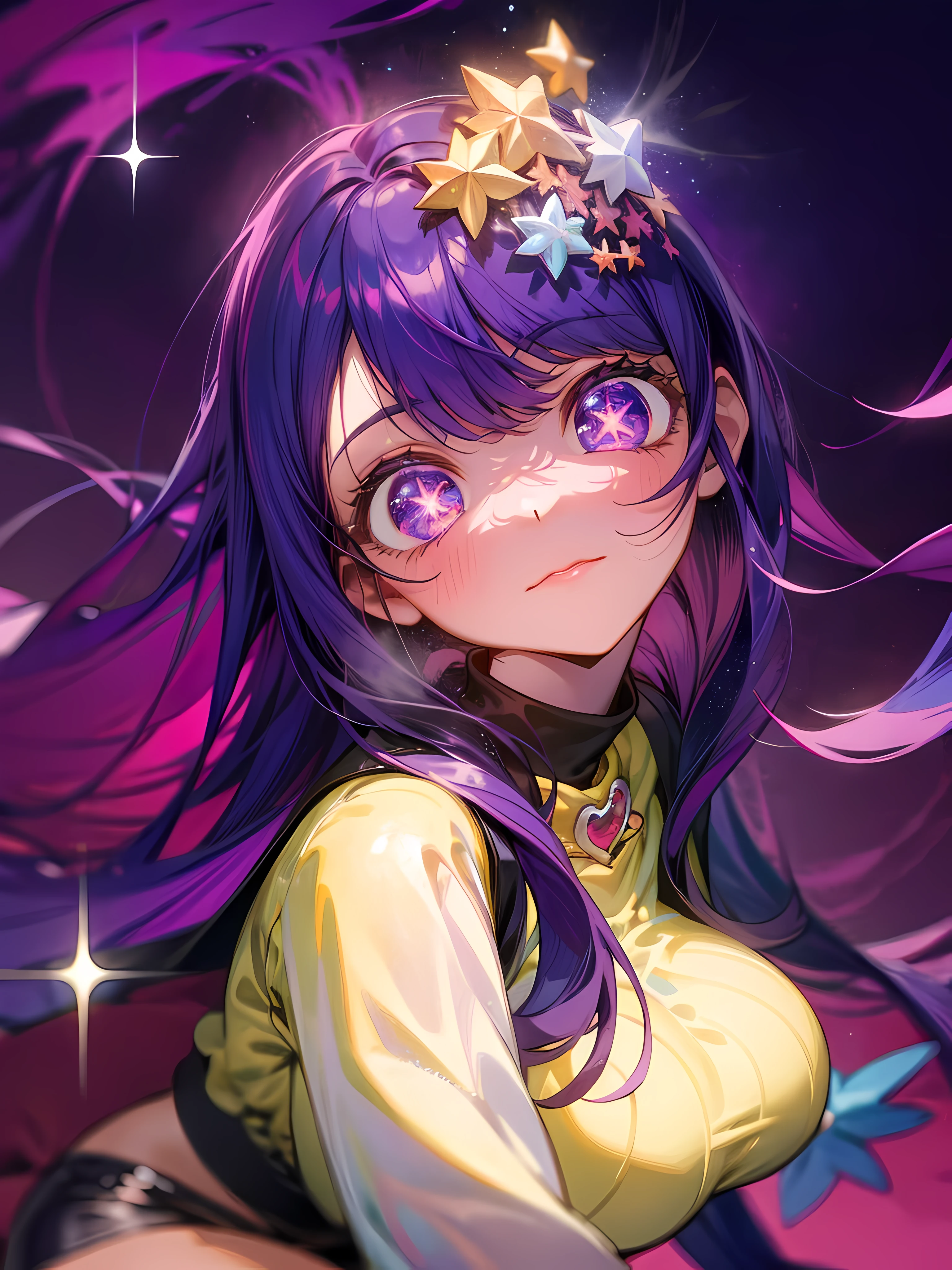 Ai Hoshino, Long hair, Purple hair, Striped hair ,Purple eyes, Star-shaped pupils, 1girll, full bodyesbian,Solo, Purple eye,Star eyes,Sparkling eyes,Shining eyes,Star-shaped pupils,Detailed eyes, white thighhighs, Purple colored hair,Blowing hair, view the viewer, Breasts, full bodyesbian, Large breasts