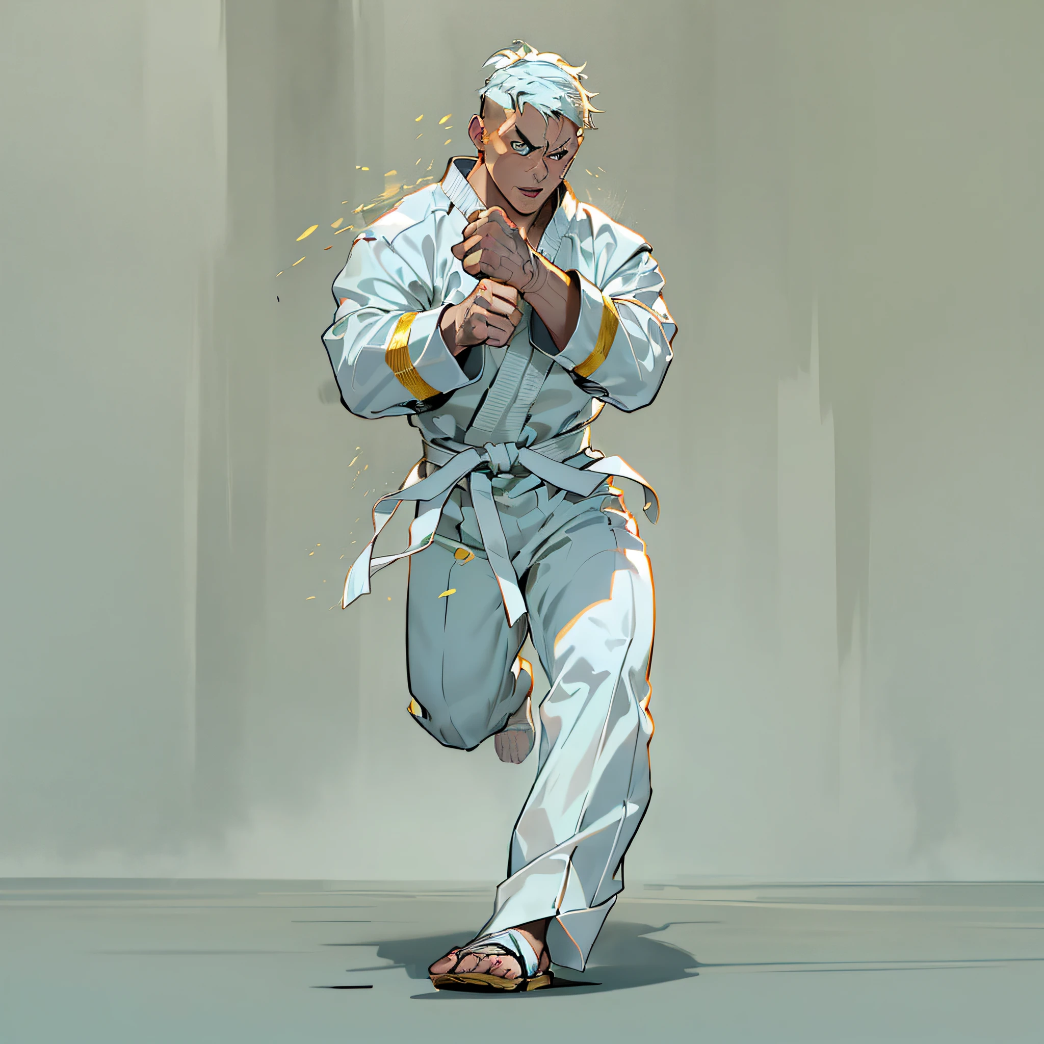 personagem de anime em um terno de quimono branco com um cinto amarelo, personagem de jogo de luta, postura de luta, Cushart Kenz, Pose de lutador, Rob Rey e Kentaro Miura Estilo, No estilo de Kyrill Kotashev, Pose de arte marcial, Estilo Ross Tran, Ross Tran 8 K, Krenz Cushart e Artem Demura, postura de combate, Sombrio, Shadows, Black armor