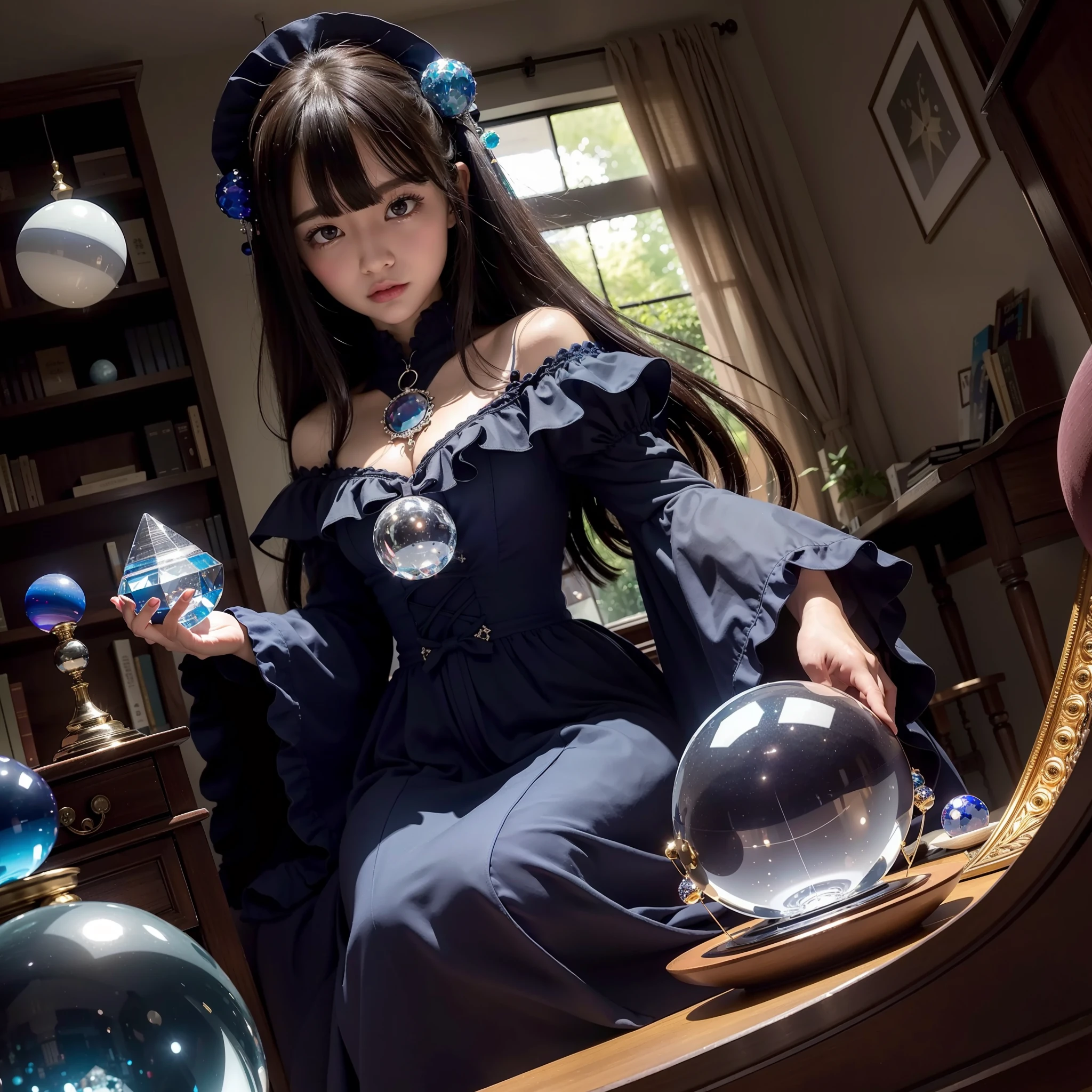 Surreal images、Hyper-detailing、Ultra-high image quality、(((Spherical crystals on the desk)))、cowboy shot、Fisheye、Young and beautiful Japan fortuneteller 1、Long straight hair、Wearing an oversized dark blue dress、dress with many ruffles、Long sleeves、Long skirt、darkened room、On the table2Book candlesticks、Large lighted candles on both sides of the crystal、fantastical light、Bookshelves are decorated with countless English books