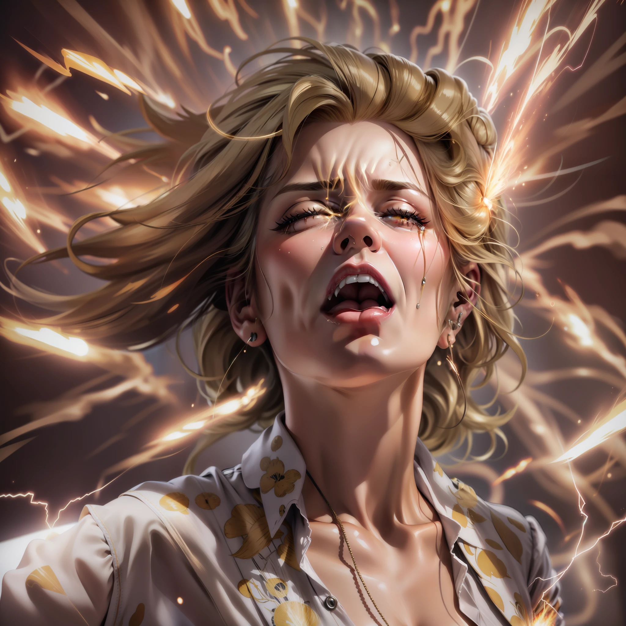 Milla Jovovichi, best quality, Retrato estilizado Cartunesco, (hiperdetalhe:1.15), (luz suave, acume:1.2), action pose, action shot, (delirium), Explosion and electrical discharge