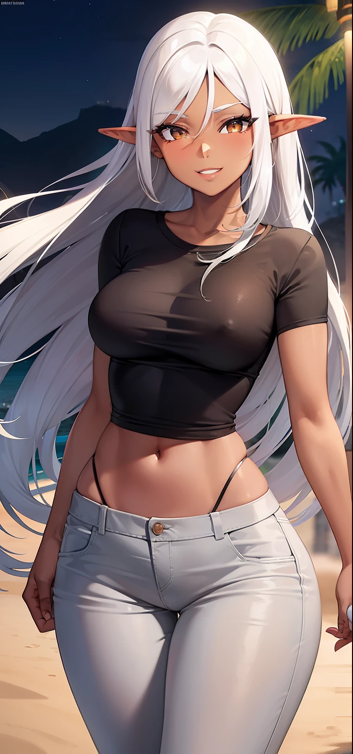 brazilian woman, dark skin, perfect brown eyes, details, elf ear, eyebrow, smiling, lips, long straight white hair, Short Sports T-Shirt Solid With Thumbholes, DAZY Tailored Trousers Solid Tucked Detail, slim waist, thick legs, thick thighs, background scenery, ultra detailed rio de janeiro, on the beach, night light, night, beautiful night