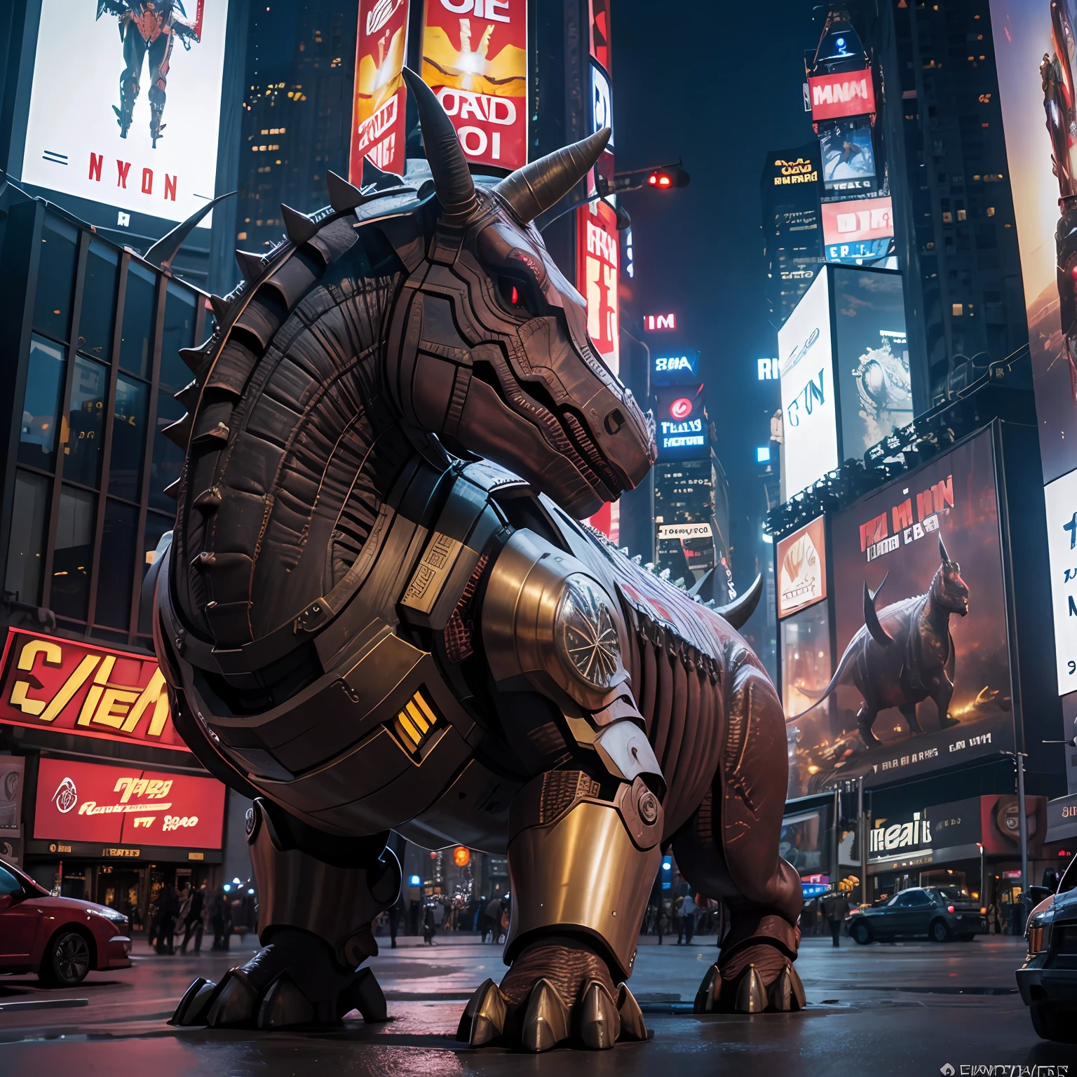 new york city, time square, triceratops, triceratops in iron man armor, detailed, realistic, in a devastated new york city, photorealistic