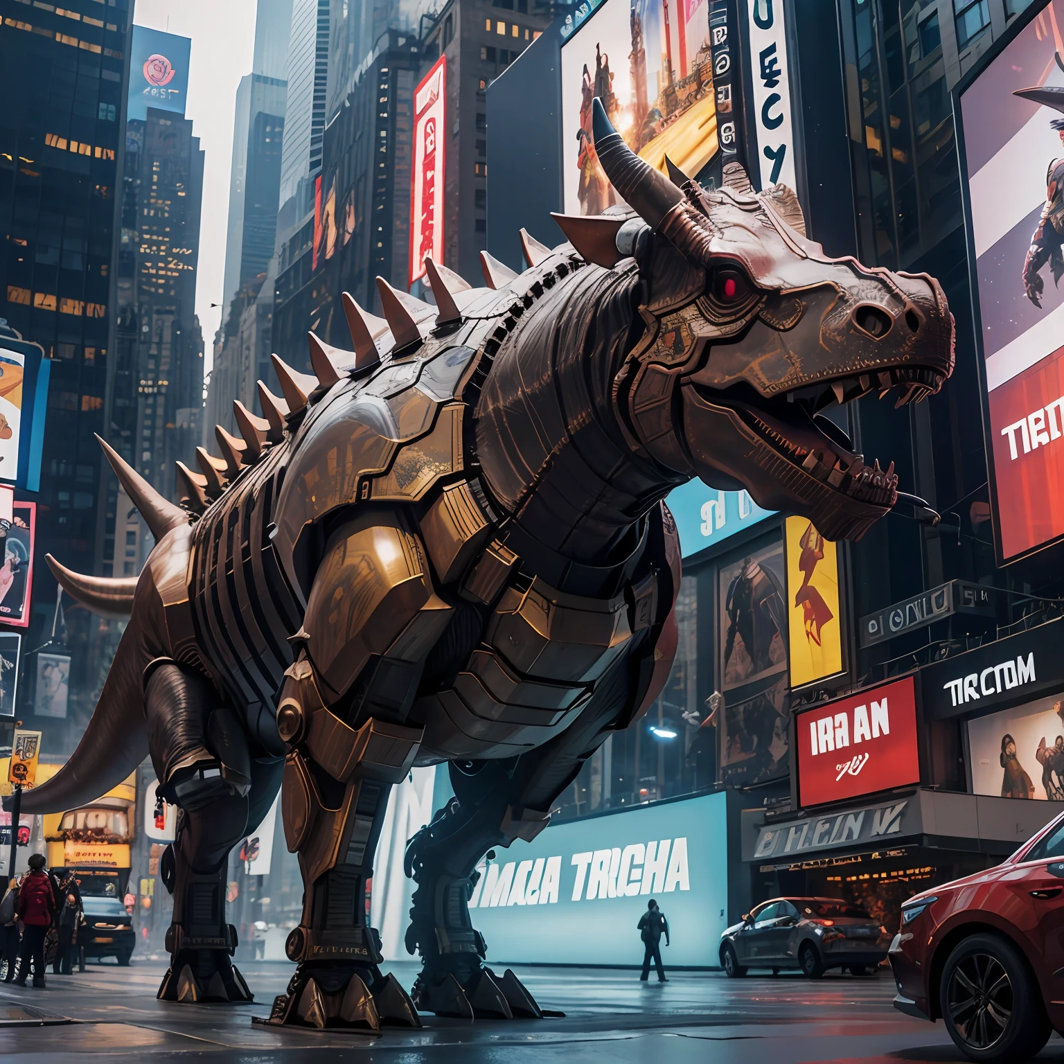 new york city, time square, triceratops, triceratops in iron man armor, detailed, realistic, in a devastated new york city, photorealistic