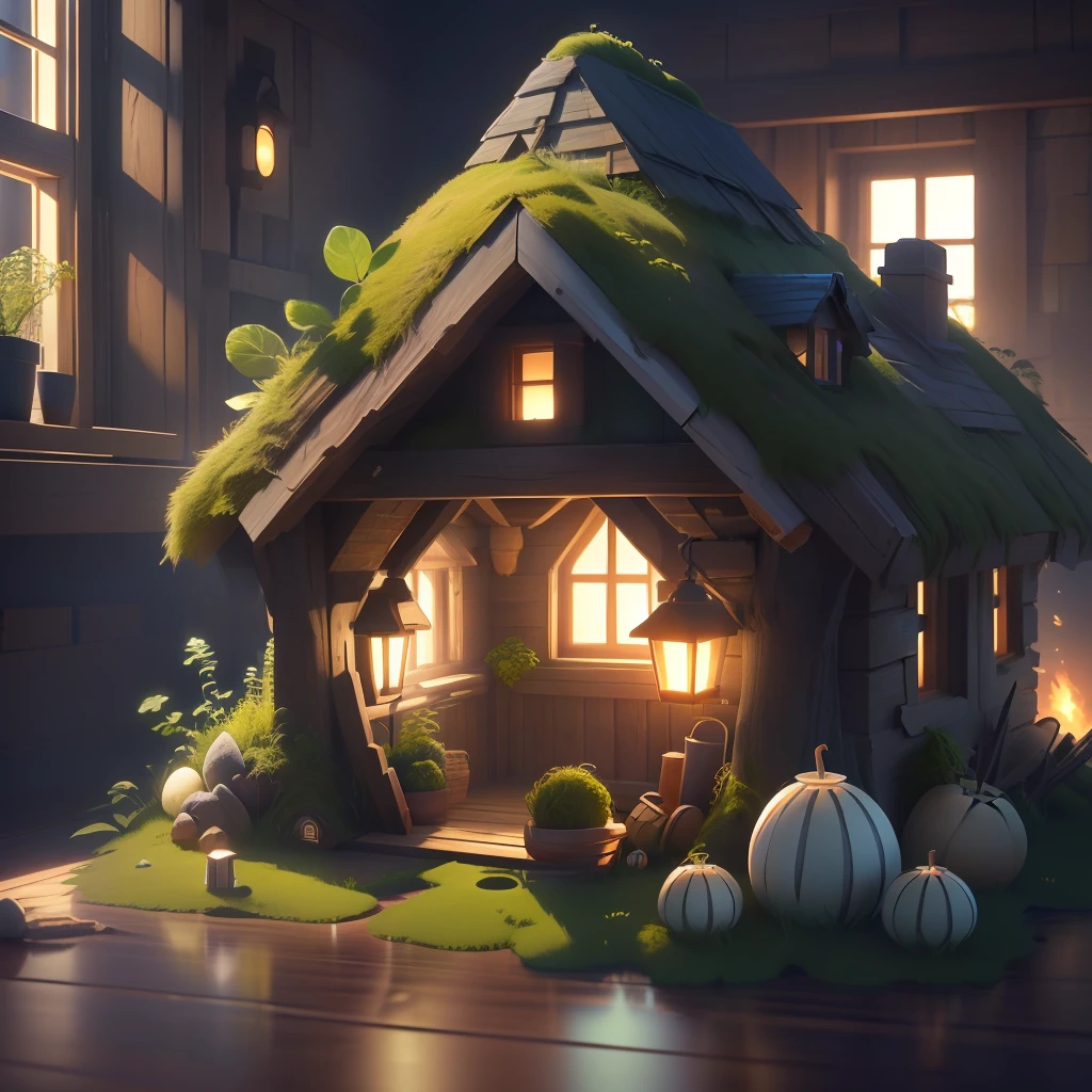 masterpiece, best quality, (extremely detailed CG unity 8k wallpaper), (best quality), (best illustration), (best shadow), A round turnip hut covered with moss, isometric 3D, octane render,ray tracing,ultra detailed