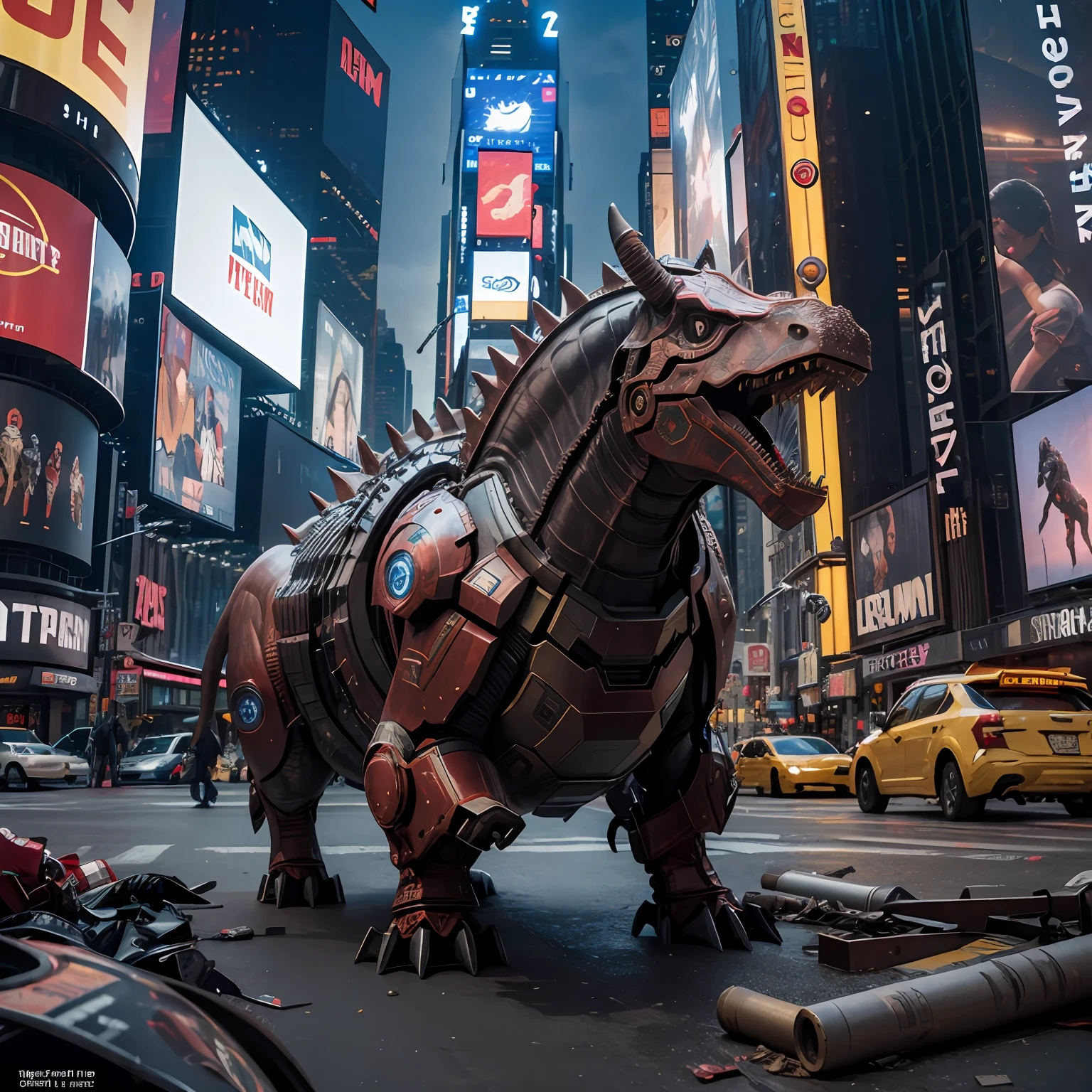 new york city, time square, triceratops, triceratops in iron man armor, detailed, realistic, in a devastated new york city, photorealistic