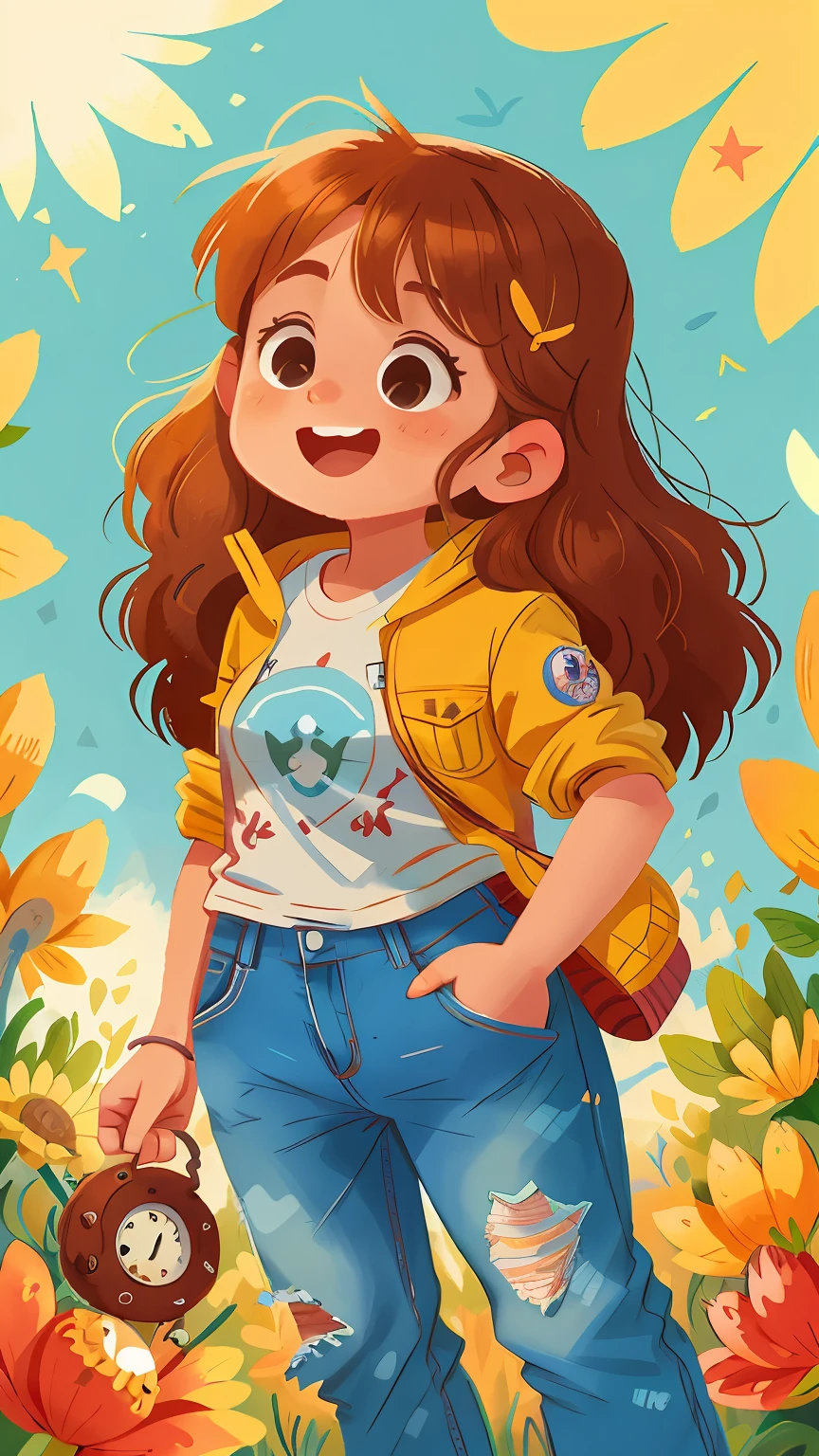 uma garota encantadora de dez anos, with a captivating presence. Her hair is a cascade of brown curls, que brilham com os raios do sol. Sometimes, ela prende parte do cabelo com uma fita colorida, which gives a cheerful touch to your look. Her eyes are large and expressive, de cor castanho-esverdeada, transmitindo sua curiosidade e empatia. ensolarado, qualidade perfeita, (mess-house: 0.8), (obra-prima: 1.2) (Realista: 1.2) (Bokeh) (Melhor qualidade) (Pele detalhada: 1.3) (Detalhes intrincados) (8K) (Olhos de detalhe) (foco nítido), (Infeliz)
Tina tem um sorriso contagiante e covinhas que aparecem quando ela se diverte. Your skin is smooth and has a golden tone, lembrando o brilho do sol poente. Ela tem sardas leves no rosto, that give it an additional charm.
His favorite outfit is a worn-out denim jacket, combined with a colorful T-shirt emblazoned with constellation designs. She wears a pair of comfortable pants, perfeitas para suas aventuras ao ar livre. Tina is always wearing sturdy sneakers, prontos para explorar o mundo e descobrir novas maravilhas.
