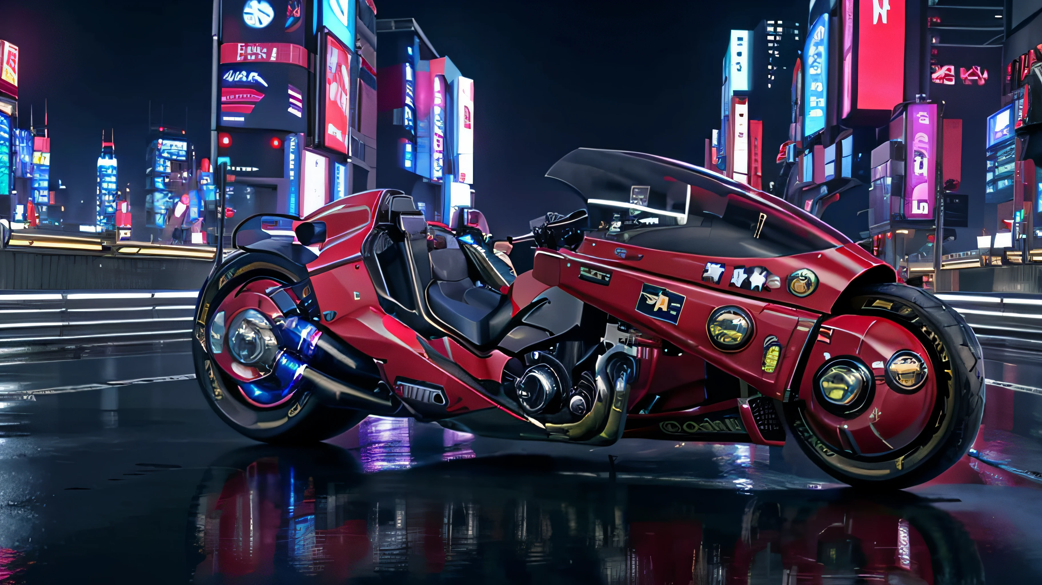 official art, unity 8k wallpaper, ultra detailed, beautiful and aesthetic, masterpiece, best quality, realist, long hair, black hair, akirabike red, cycling, night, cyberpunk city view, epic screen, cyberpunk uniform,