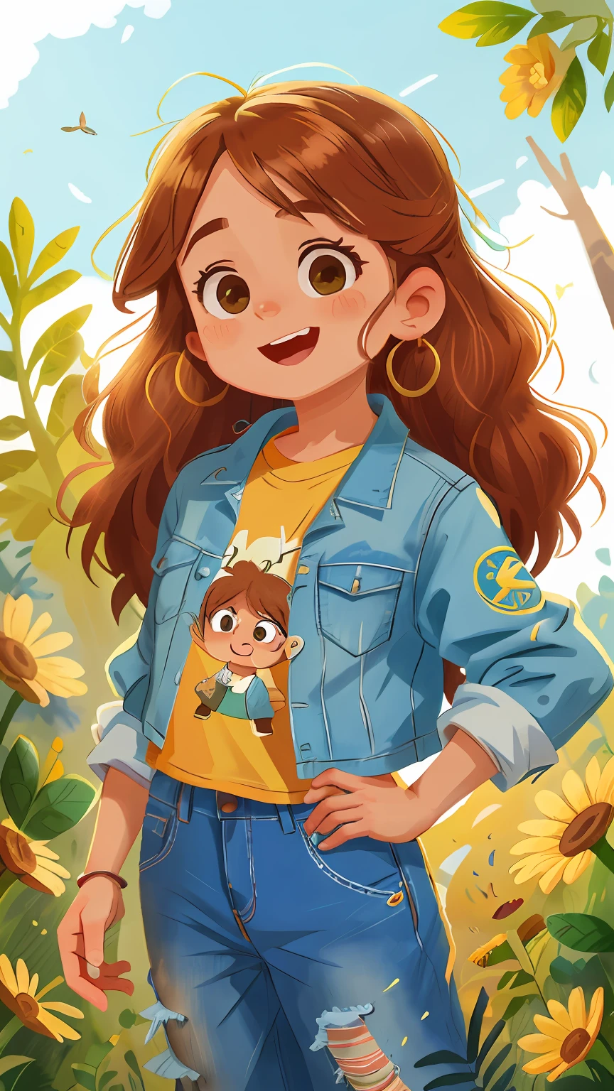 uma garota encantadora de dez anos, with a captivating presence. Her hair is a cascade of brown curls, que brilham com os raios do sol. Sometimes, ela prende parte do cabelo com uma fita colorida, which gives a cheerful touch to your look. Her eyes are large and expressive, de cor castanho-esverdeada, transmitindo sua curiosidade e empatia. ensolarado, qualidade perfeita, (mess-house: 0.8), (obra-prima: 1.2) (Realista: 1.2) (Bokeh) (Melhor qualidade) (Pele detalhada: 1.3) (Detalhes intrincados) (8K) (Olhos de detalhe) (foco nítido), (Infeliz)
Tina tem um sorriso contagiante e covinhas que aparecem quando ela se diverte. Your skin is smooth and has a golden tone, lembrando o brilho do sol poente. Ela tem sardas leves no rosto, that give it an additional charm.

His favorite outfit is a worn-out denim jacket, combined with a colorful T-shirt emblazoned with constellation designs. She wears a pair of comfortable pants, perfeitas para suas aventuras ao ar livre. Tina is always wearing sturdy sneakers, prontos para explorar o mundo e descobrir novas maravilhas.
