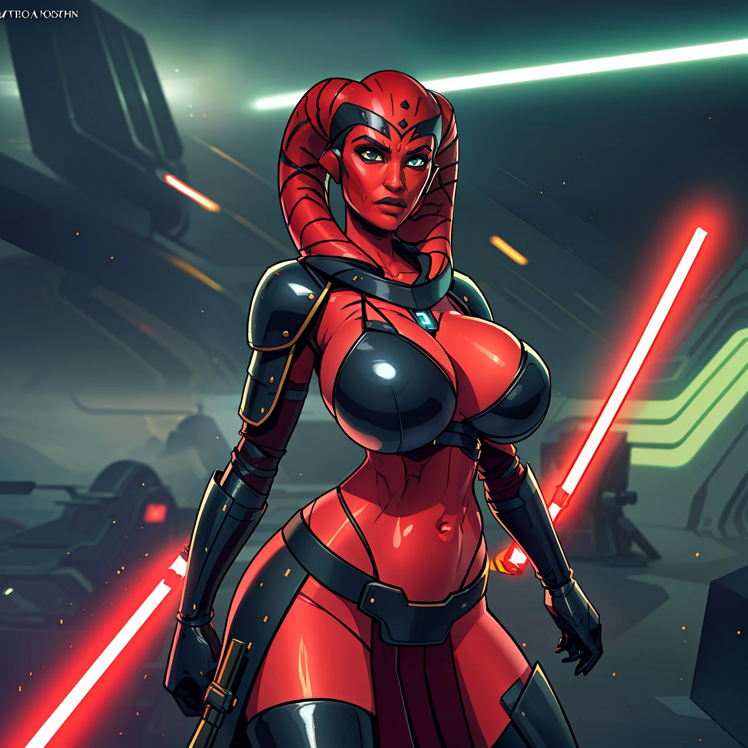 action scene, lightsaber fighting, lasers, explosions, fire, motion lines, depth of field, masterpiece, best quality, high-definition, armor, busty, ((red skin), twi'lek), dual red lightsabers, evil space knight, space ninja, (wearing black robes, black stealth armor, breastplate, tunic, tabard, cowl, cloak, body glove, straps, buckles, skirts, long sleeves, fantasy, ((armor))), ((busty), slender body, thin, slim sexy body, slim waist, (((huge breasts, gigantic breasts)))), Imperial starship, Star Wars,