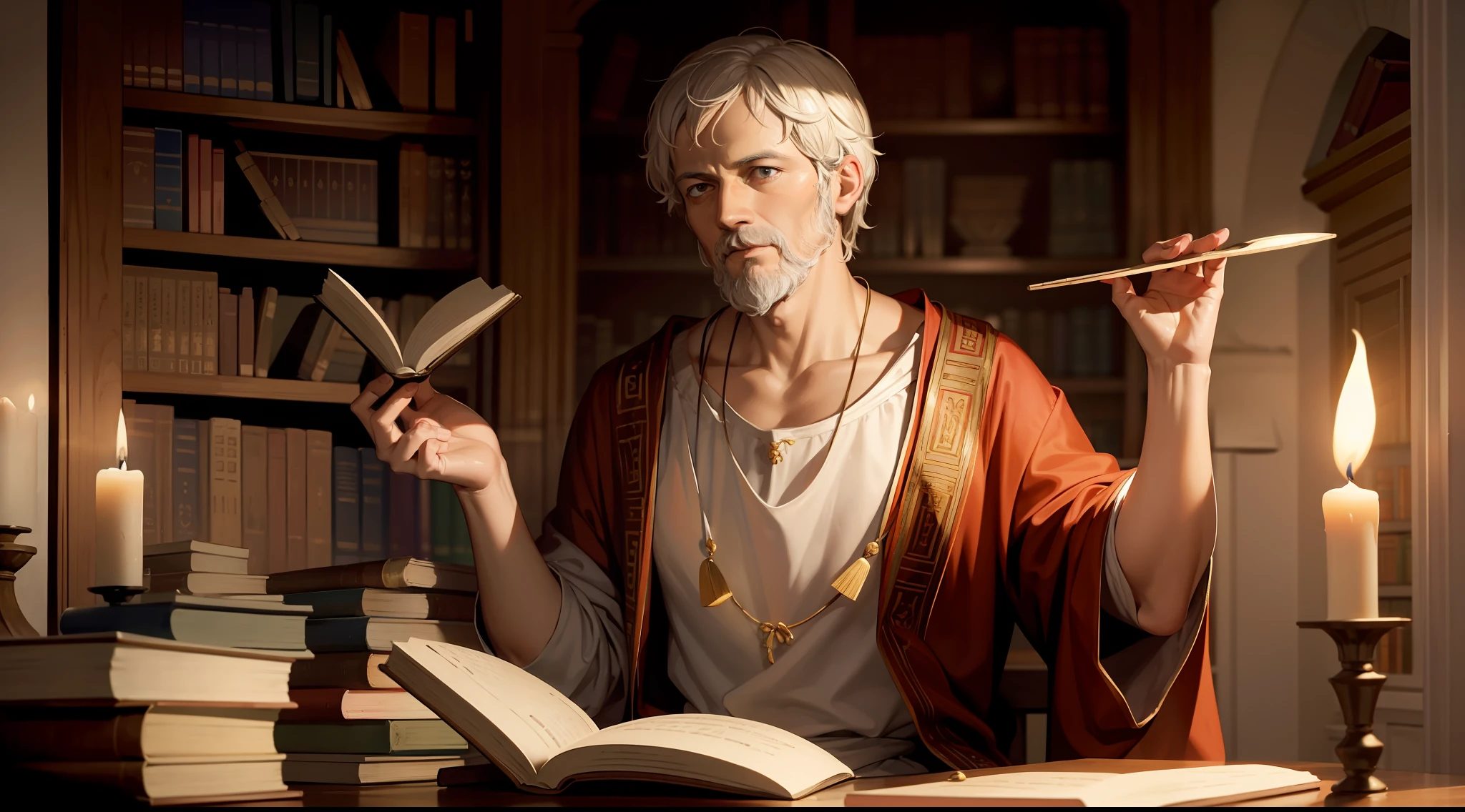 Aristotle, age 40, dressed in his ancient greek clothes, teaching in his ancient library., on candle lights