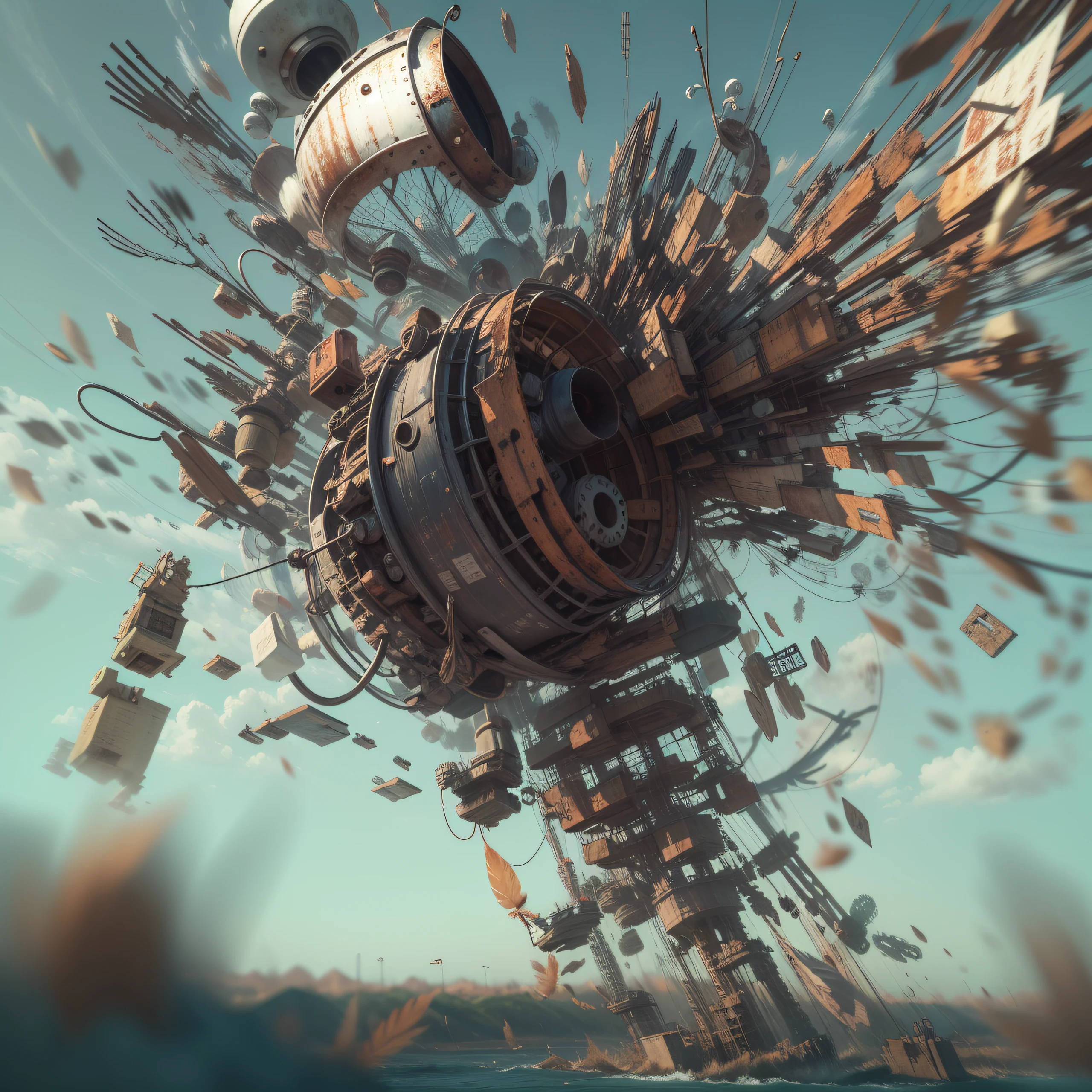 a heavily distorted, fading late morning clear sky, a singular object comprised of contorted feathers/machinery/pipes/rusted components is floating in the air, extra detail, 4kHD details, best resolution, surrealistic composition, extreme camera angle, motion blur, depth of field, foreshortening, tilted camera angle, cinematic lighting, movie scene