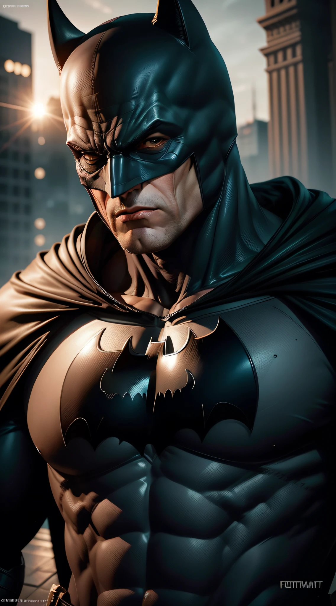 Create the ultra-realistic DC Batman character, with his costume and fort