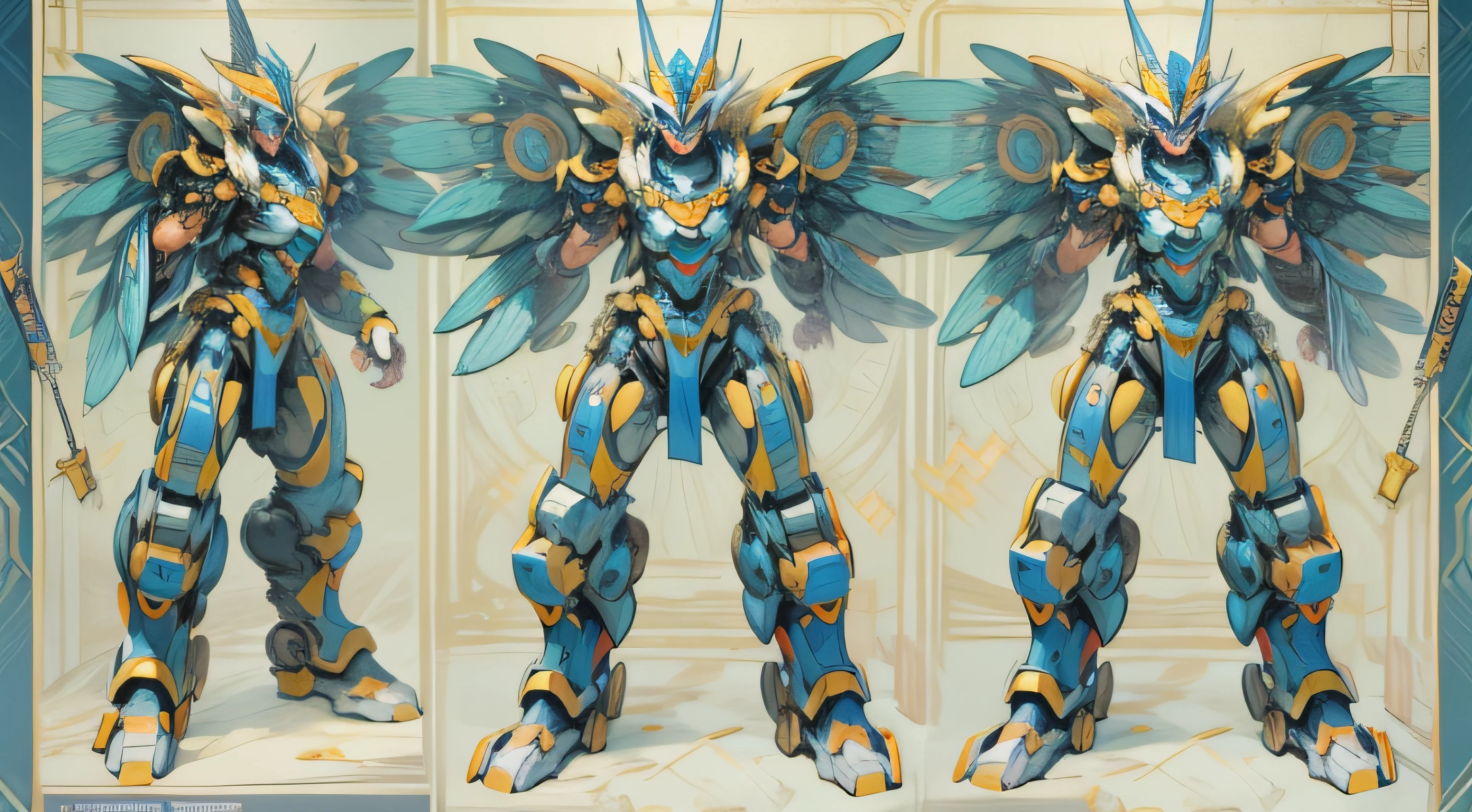 Generate a 16k, highly detailed, photorealistic image of a robot that embodies the essence of Athena, the goddess from Greek mythology. The robot's design is battle-hardened, with muscular limbs for quick movements. Its exterior is meticulously decorated with patterns and symbols. The primary color scheme is gold, complemented by shades of blue and silver. The eyes are a striking blue, and silver embellishments symbolize wisdom and knowledge. The robot is armed with a spear and shield, and its head is decorated with motifs of an owl and an olive wreath. The robot is equipped with advanced strategic and problem-solving capabilities, as well as manufacturing and repair skills. The image should capture the essence of a Greek deity reincarnated as a colossal, mechanical being. --ar 16:9 --v 5.1 --style raw --q 2 --s 750