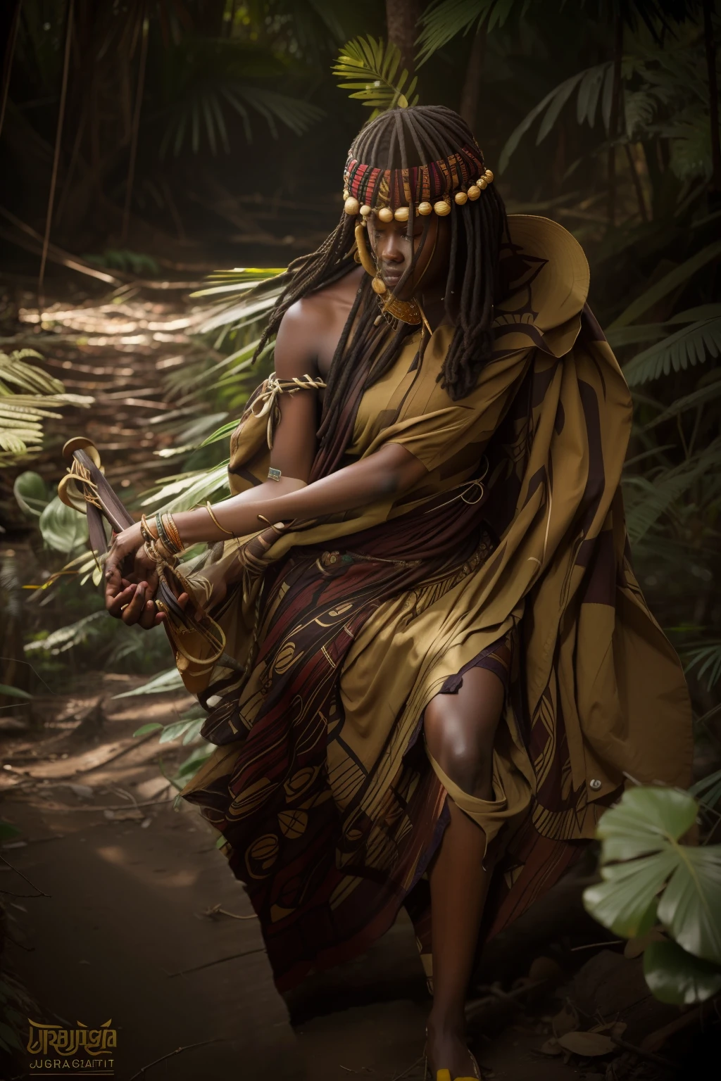 A woman wearing strawn clothes in the jungle, african clothes, african goddess, body covered of strawn, orisha of heal, 8K, ultra quality, photorealistic