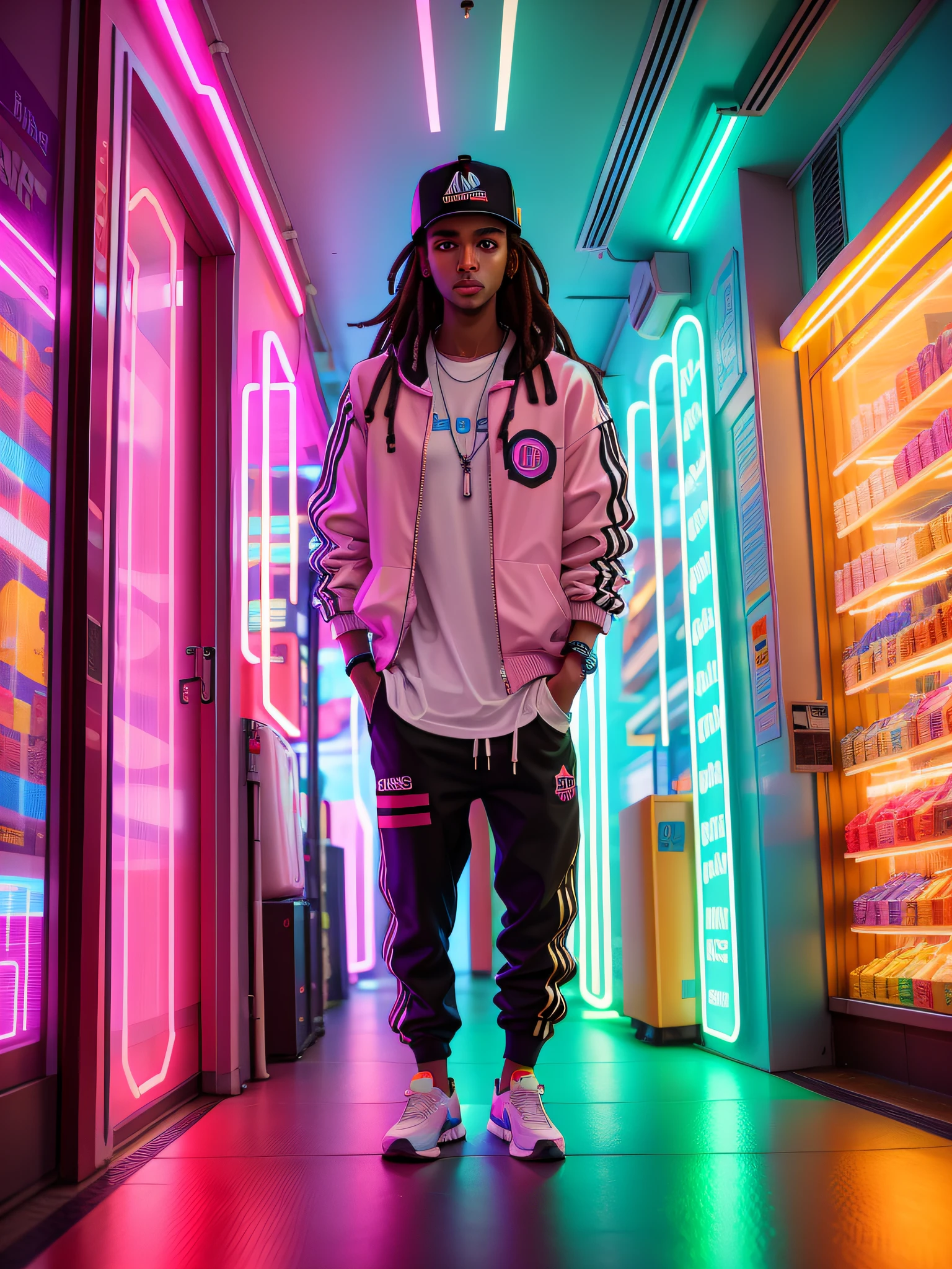 25-year-old man in white jacket and black pants standing in a neon shop, neon iluminado, neon jungle, teddy fresh, neon vibes, luzes neon e adiciona, Foto de um ensaio promocional, Retrato no meio da foto, neon lights in the background oriental letters, thick neon lights, foto promocional, com luzes neon, sythwave, Cidade oriental Neon ao fundo, aesthetic shot, rosto bem detalhado 4k HD, brincos, rua adidas, dreadlocks cavanhaque brincos