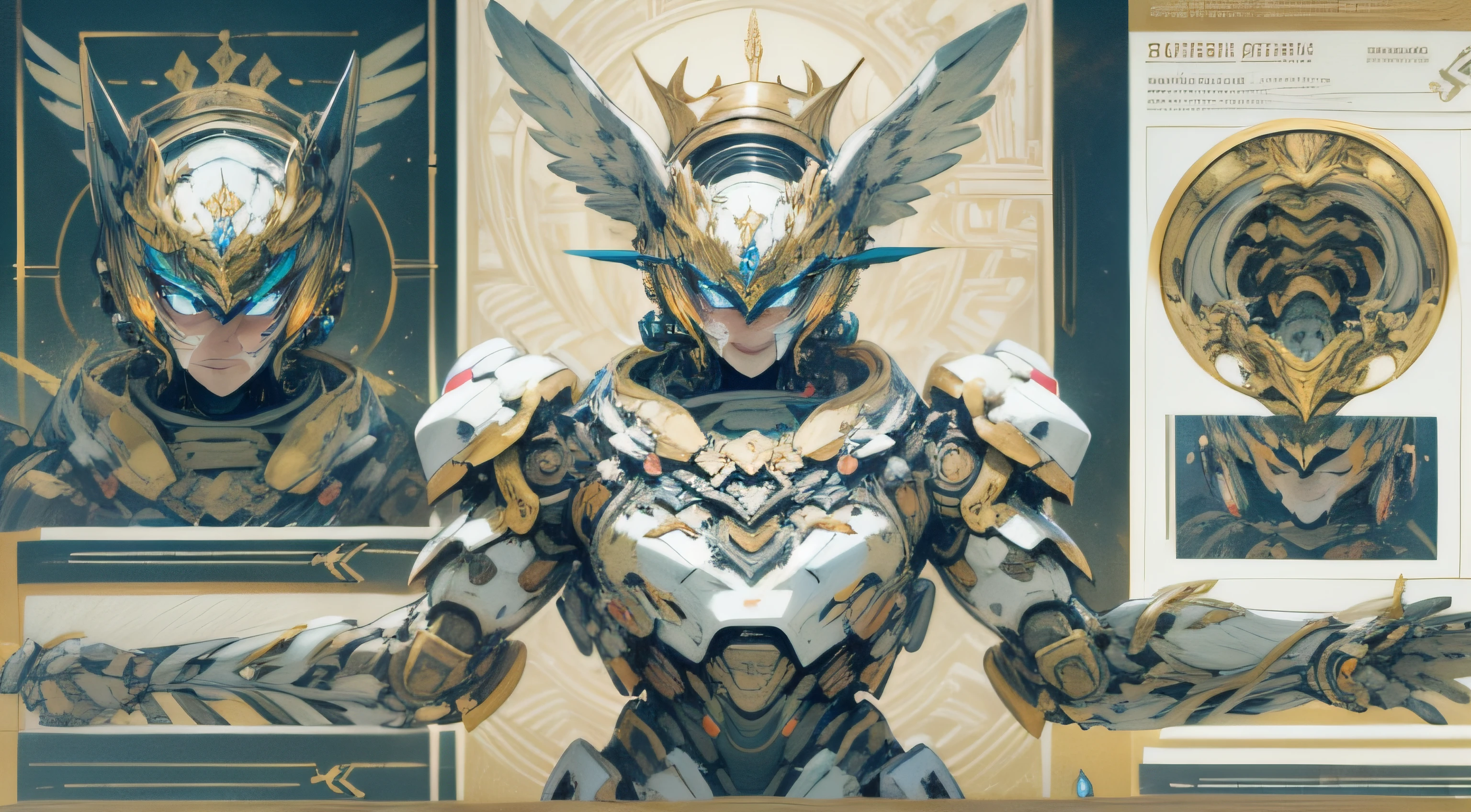 Create a high-resolution, hyper-realistic image of a robust robot inspired by the Greek goddess Athena. The robot should have a sturdy, battle-ready form that exudes wisdom and strength. Its arms and legs are muscular, designed for swift movements. The exterior is adorned with intricate decorations and patterns. The color palette is primarily gold, with elements of blue and silver. The eyes are blue, and silver decorations symbolizing knowledge and wisdom are present. The robot holds a spear in its hand and is equipped with a shield. The head is adorned with decorations inspired by an owl and an olive crown. The robot possesses advanced strategic analysis and problem-solving abilities, as well as advanced manufacturing and repair capabilities. The style should be reminiscent of Greek mythology reimagined in a mechanical, giant robot form. --ar 16:9 --v 5.1 --style raw --q 2 --s 750