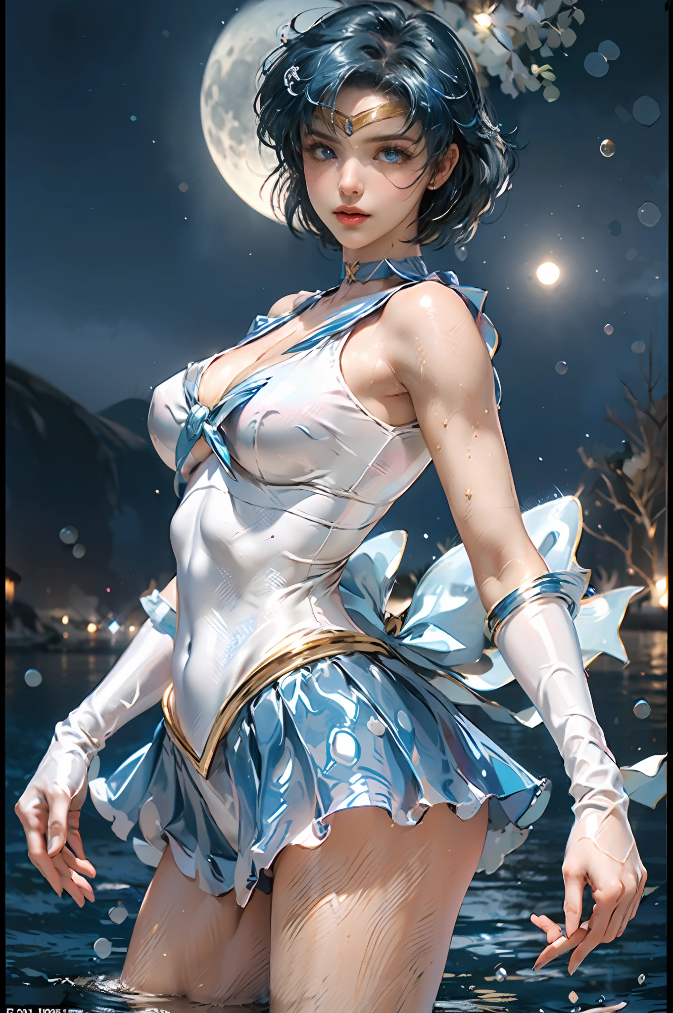 Full: 1.3, stand, masterpiece, 3D, realistic, ultra-micro photos, top quality, ultra-detailed CG Unity 8K wallpaper, from below, (mer1, tiara, sailor senshi uniform: 1.2, Sailor Mercury: 1.3, white gloves, blue skirt, meishaonv), intricate details, (1 woman), 19 years old, short hair, floating short blue hair: 1.2, Sexy pleated miniskirt of shiny blue color: 1.3, ((very large blue colored bow in the center of the chest: 1.3, golden tiara on the forehead: 1.2, blue gloves on the elbows: 1.2, bare upper arms: 1.1, long knee high boots with glossy blue enamel with luxurious gold decoration: 1.3, long white latex gloves with luxurious gold decoration: 1.3, Very large blue bow behind the waist: 1.1, blue choker, cleavage looks sexily boldly large: 0.5)), blue star-shaped earrings, luxurious golden jewelry, (very thin and fitting high-gloss white holographic leather: 1.3), bold and sexy slender high-legged gravette swimsuit, parted bangs, (((seductive smile, very pretty face, face detail: 1.5, bright blue color eyes, beautiful face, beautiful eyes, shiny eyes, thin lips: 1.3, thin and sharp pale eyebrows, long dark eyelashes, double eyelashes)), (combat stance), Huge water wings, thin and muscular muscles, muscular abs, small face, huge breasts, perfect proportions, thin waist, sexy and dynamic model pose, visible pores, perfect hands: 1.5, Octane rendering, very dramatic image, strong natural light, sunlight, exquisite lighting and shadows, dynamic angle, (water divinity: 1.1, splash space background, dynamic water background, water human: 1.2, polka dots, water hair, water bubbles, dynamic frame, mercury, moonlight, moon, dynamic background, detail background)),DSLR harp, focus: 1.0, maximum clarity and sharpness,
