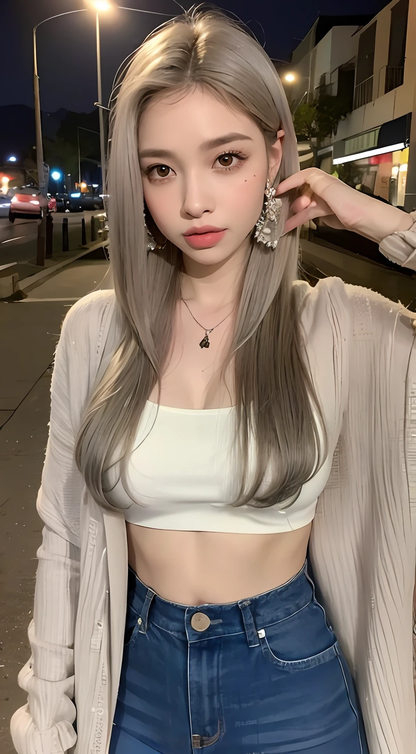 ((lifelike lighting, melhor qualidade, 8k, obra-prima: 1.3)), Foco claro: 1.2, 1girl, figura perfeita: 1.4, abdominais finos: 1.1, ((cabelo loiro platinado)), (tampo de corte branco: 1.4), (Ao ar livre, Noite: 1.1), ruas da cidade, Cara super fina, Olhos Finos, double eyelids, seios enormes, bicos marcando a blusa