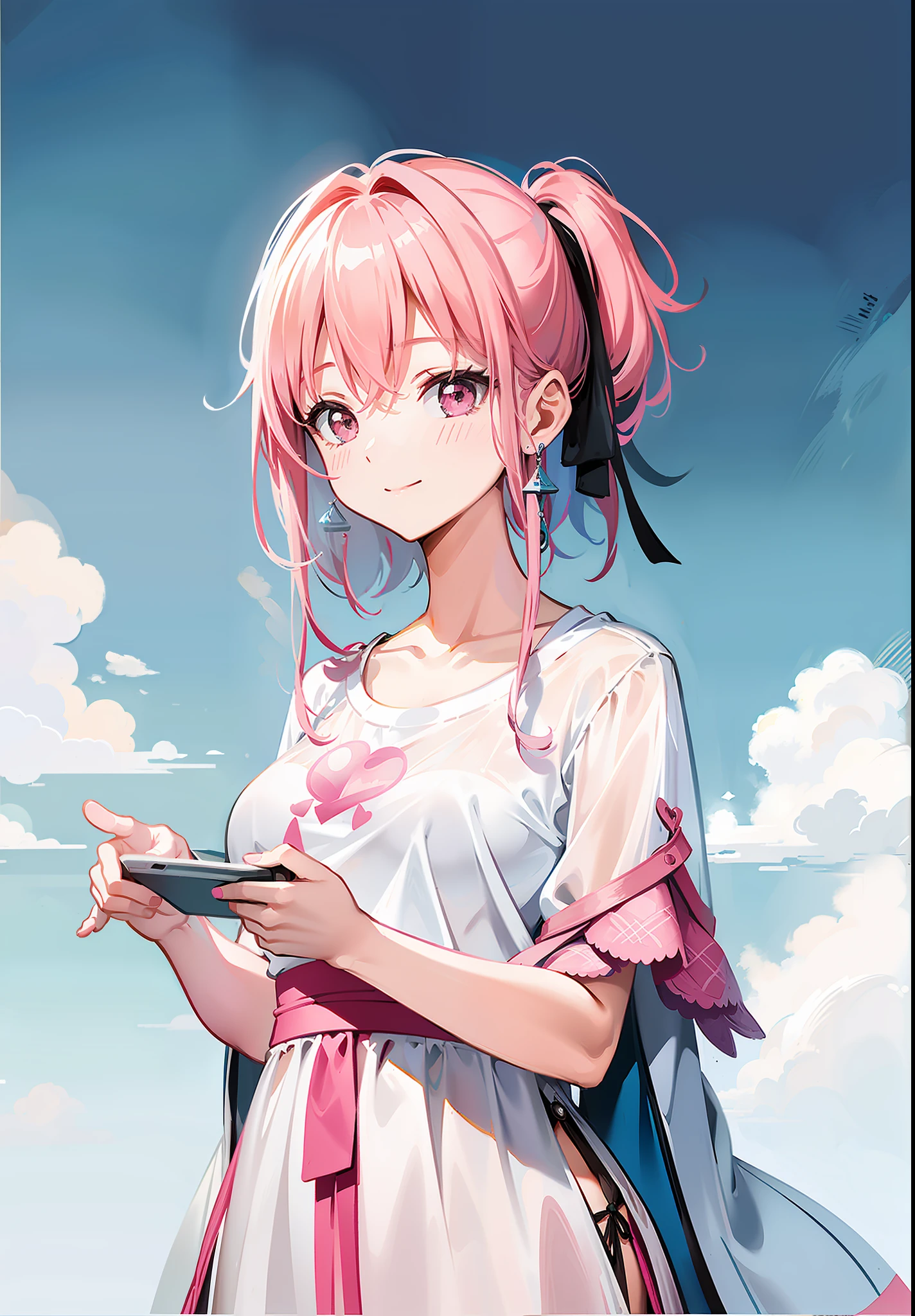 1 girl, exquisite picture, best quality, best masterpiece, delicate facial features, normal proportions, 4K quality, full proportions, smile, refreshing background, black hair, big plump body, clear line contours, full body photo, pink hair